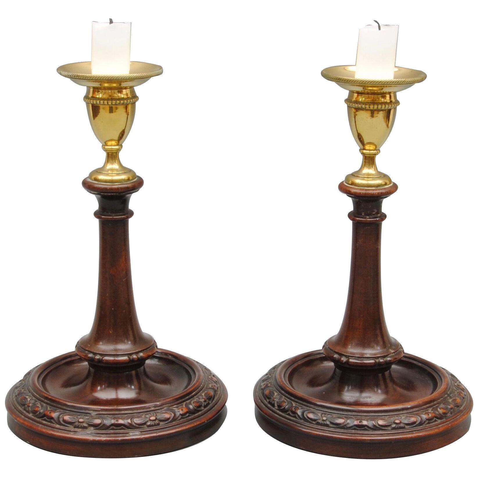 Pair of 18th Century Mahogany and Brass Candlesticks