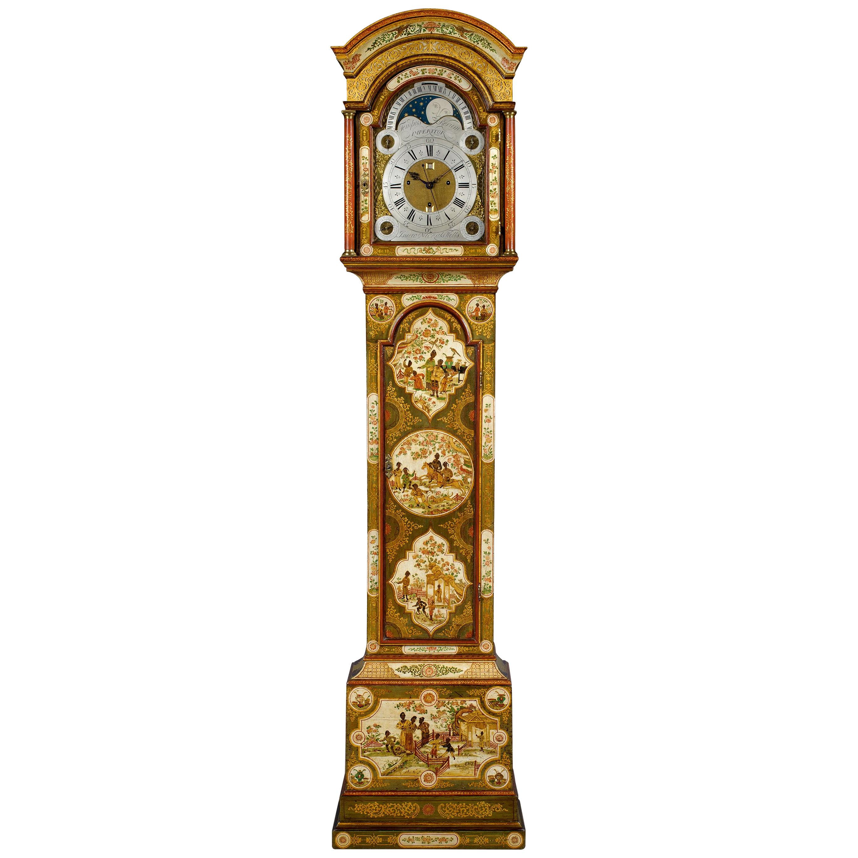 ISAAC NICKALS, WELLS. An important George II cream lacquer longcase clock