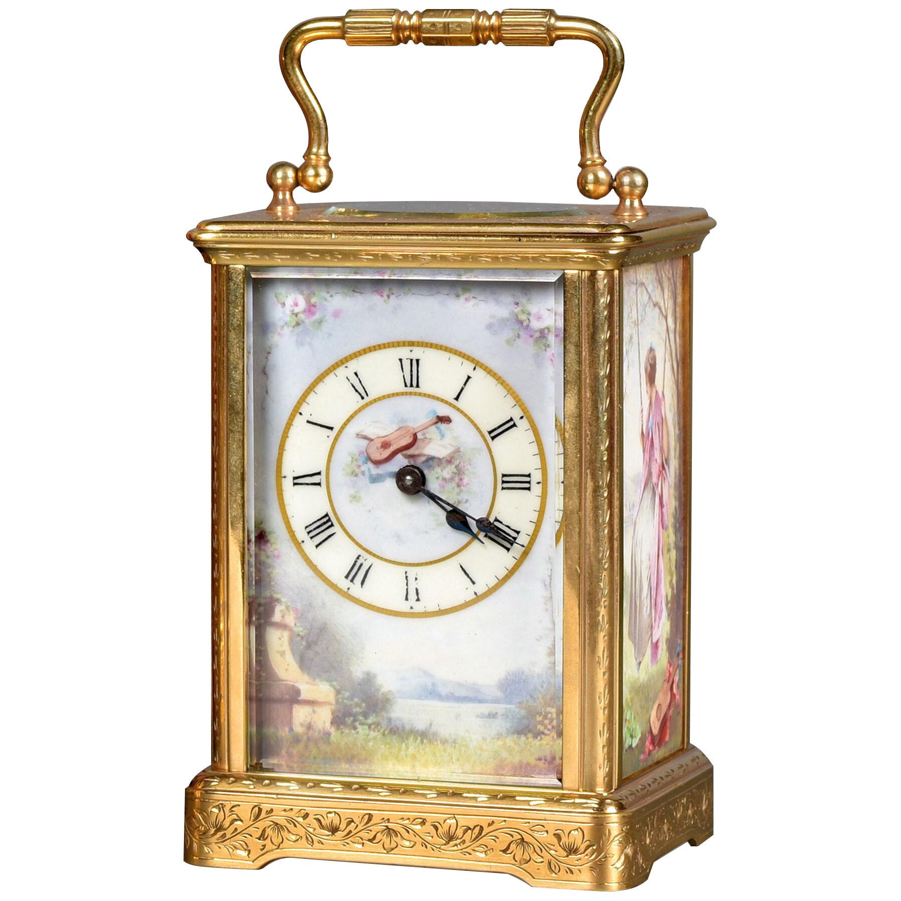 RICHARD & C°. A BEAUTIFUL FRENCH SMALL PORCELAIN PANELLED CARRIAGE TIMEPIECE