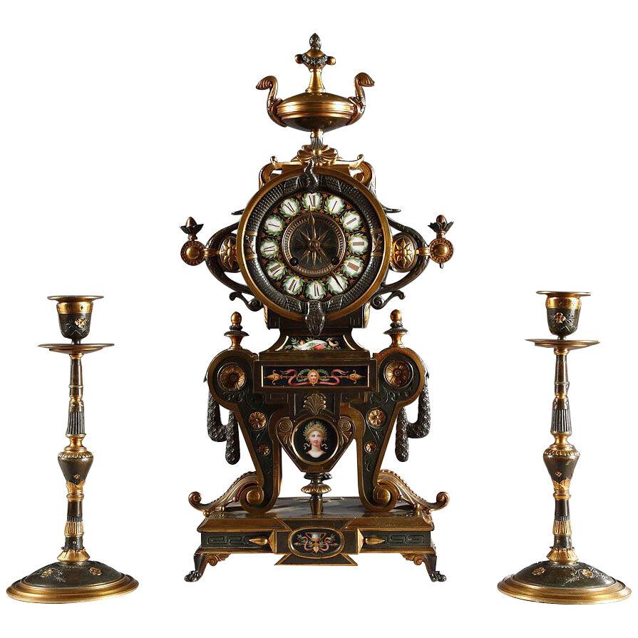  Fine Neo-Greek Clock Set by H. Houdebine, France, Circa 1867