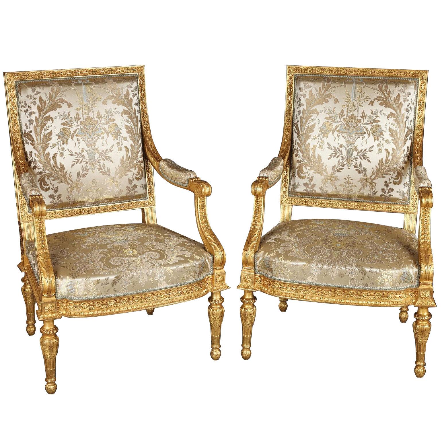 Pair of Louis XVI Style Giltwood Armchairs After G. Jacob, France, Circa 1880