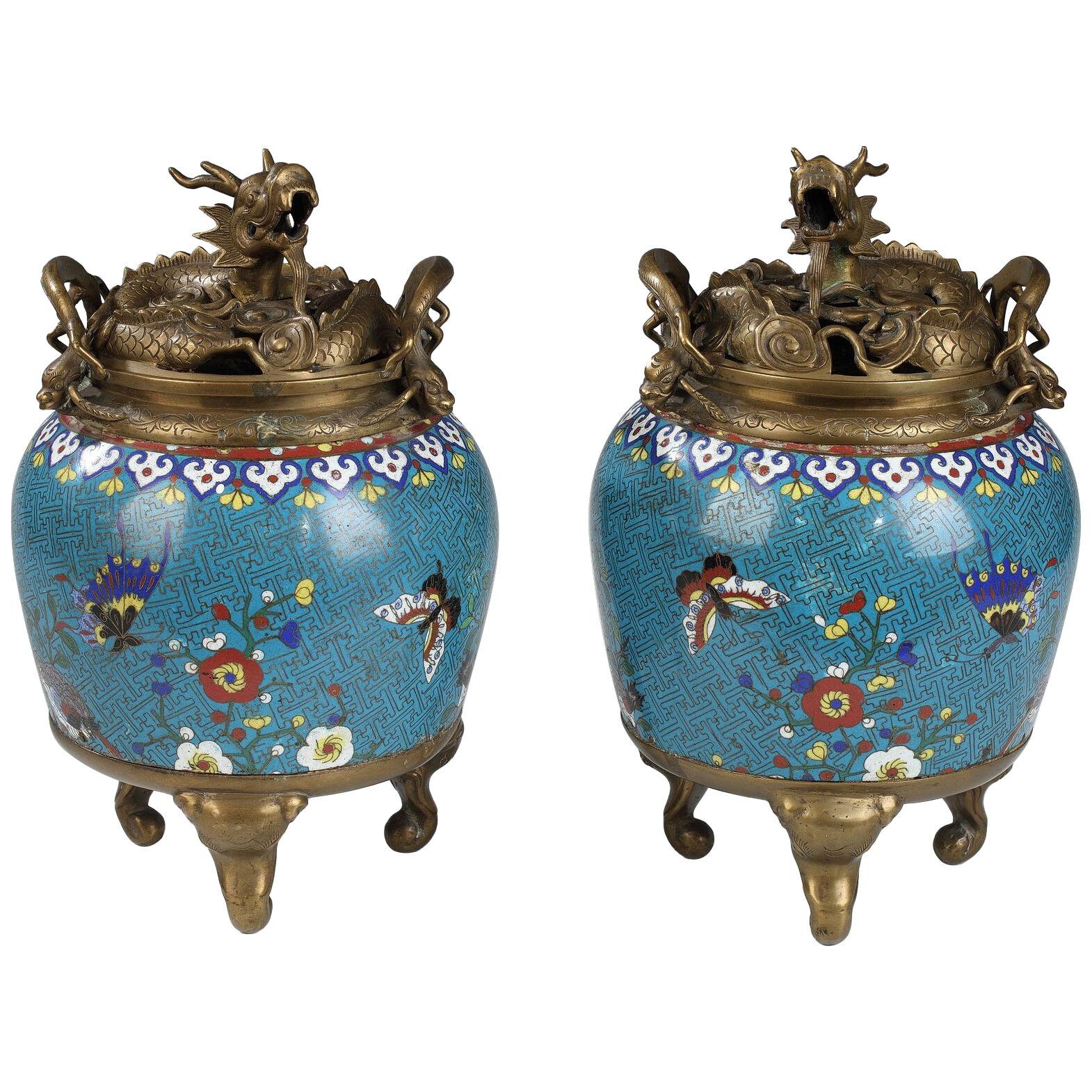 Lovely Chinese Cloisonné Enamel Pair of Jars, China, Early 19th Century