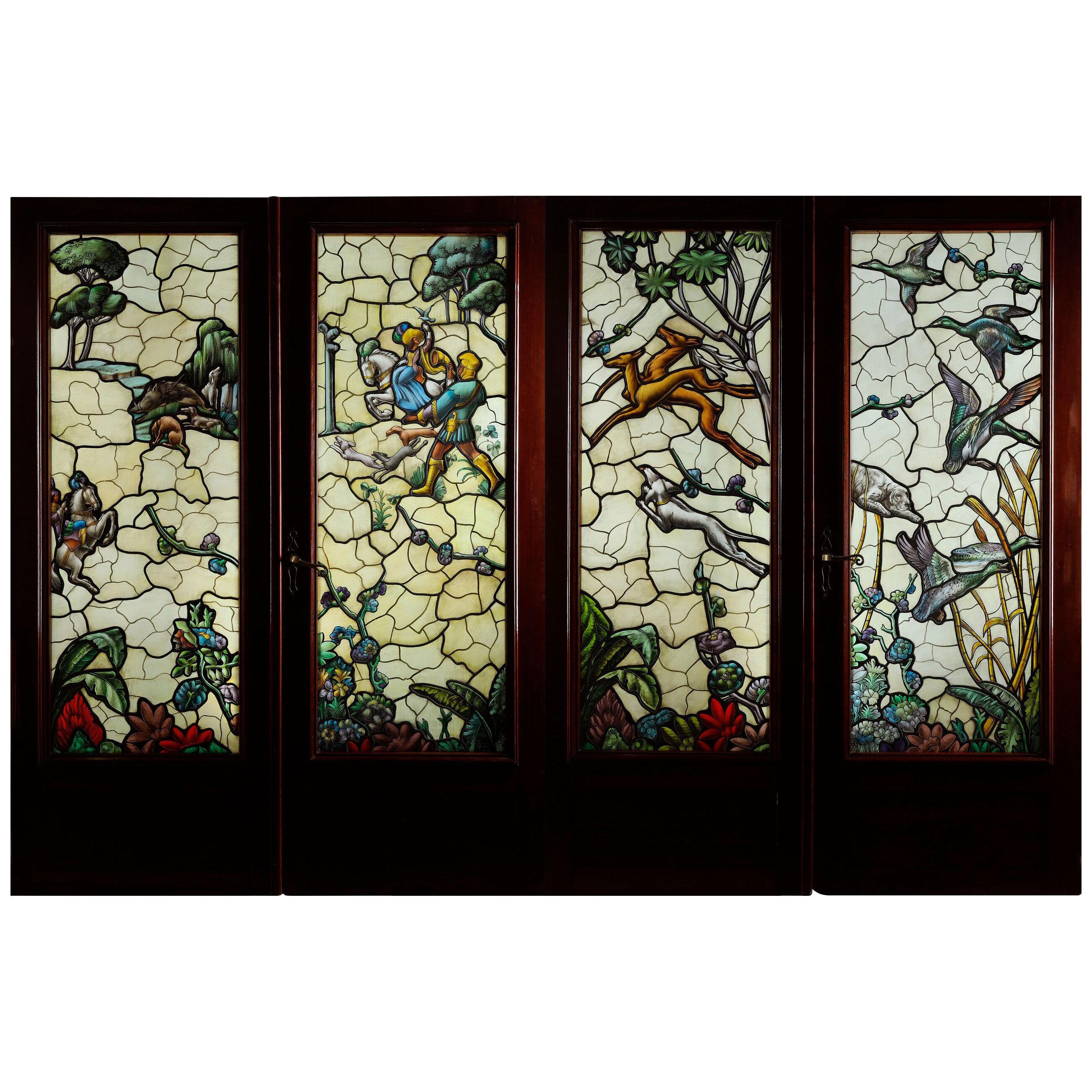 "Hunting with Hounds" Polychromed Stained Glass in Two Double Doors, Fr., c.1950