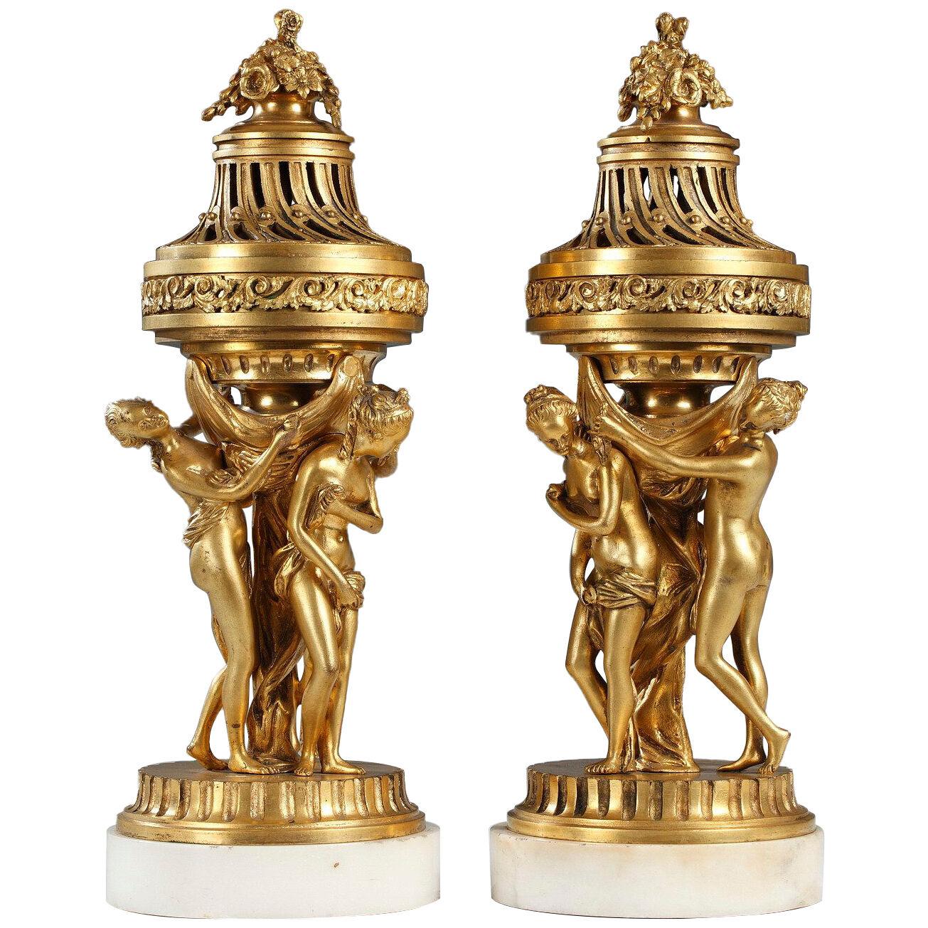 Pair of Gilded Bronze & Marble Perfume Burners After E-M Falconet, France, c1880