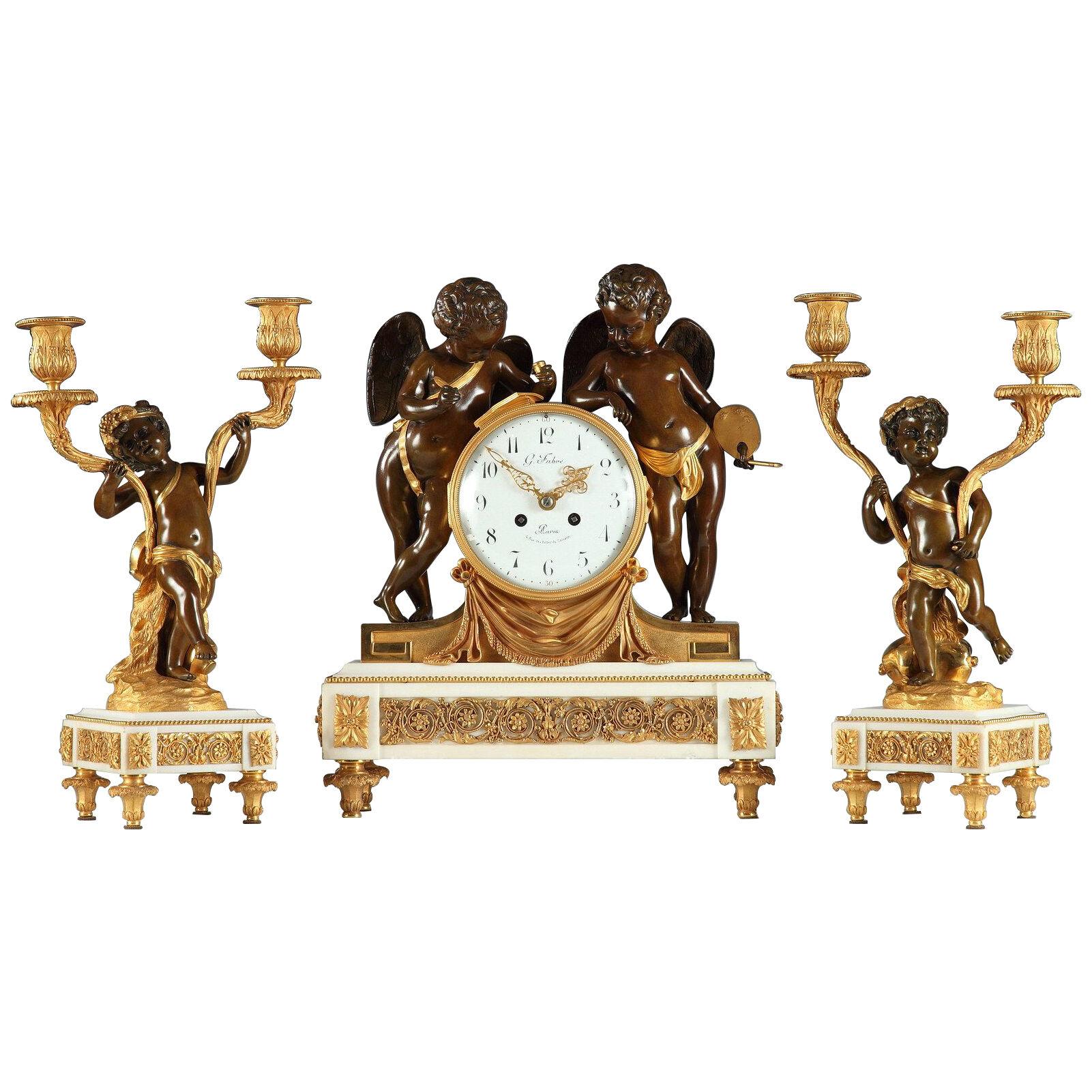 "Geniuses of the Arts" Gilded Bronze and Marble Clock Set by G. Fabre, c. 1880