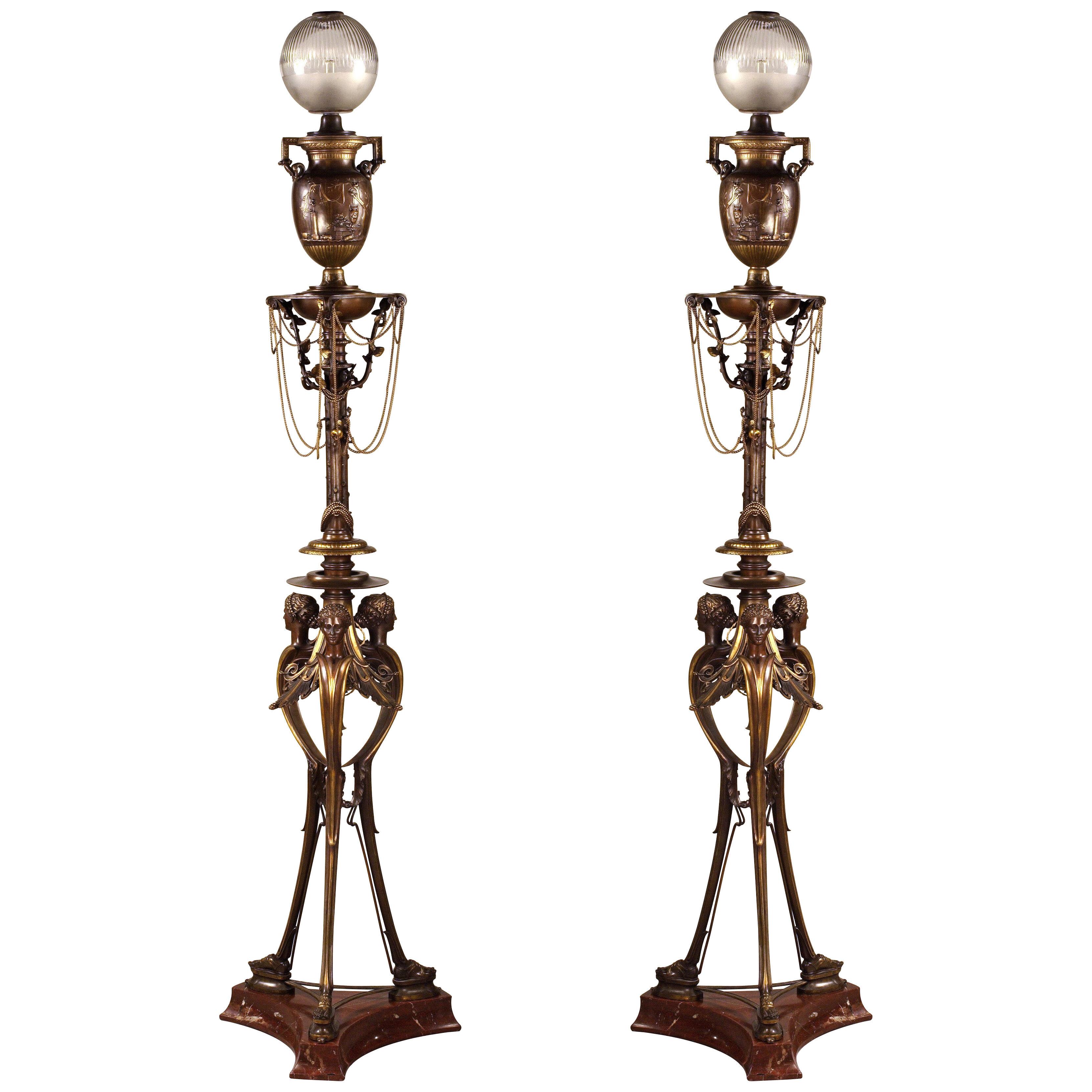 Pair of Neo-Greek Floor Lamps by H. Cahieux and F. Barbedienne, France, c. 1855