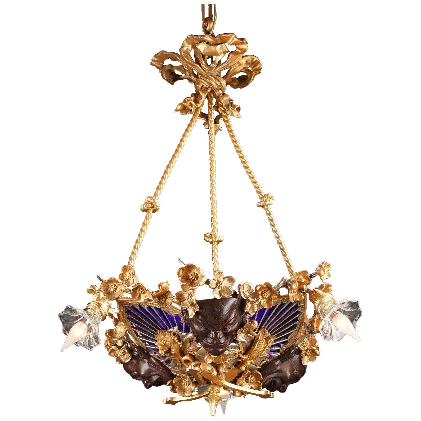 Japanase Style Chandelier Attributed to E. Soleau, France, Circa 1900