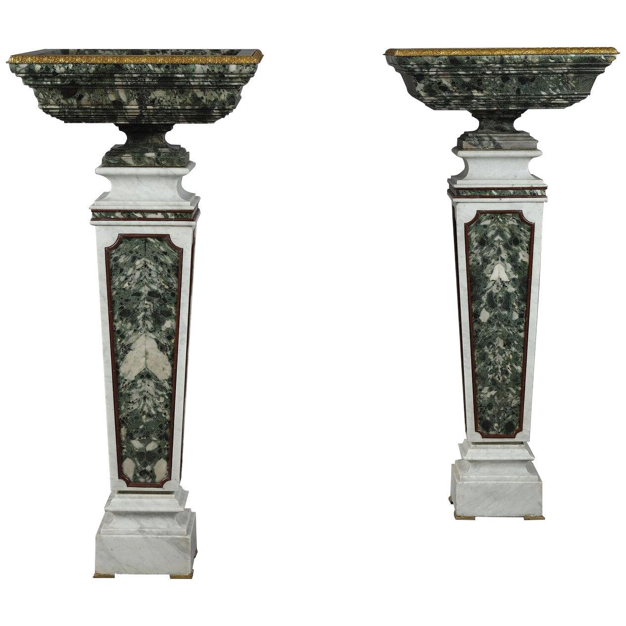 Pair of Marble and Bronze Urns on Marble Pedestals, France, Early 20th Century