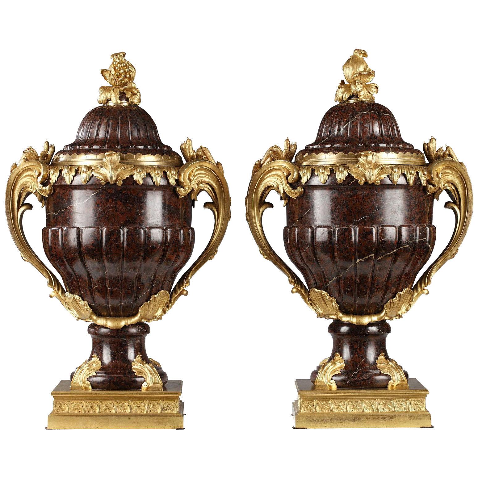 Pair of Marble Covered Vases Attributed to Maison Lexcellent, France, Circa 1890