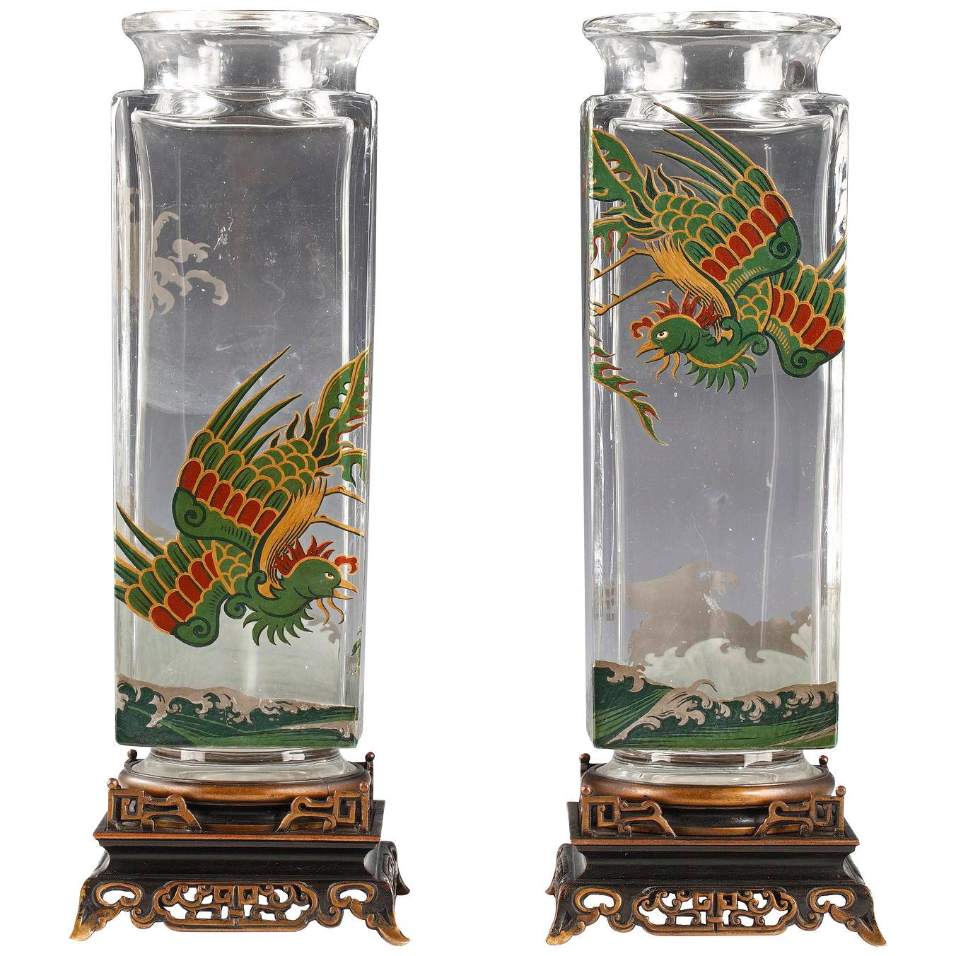 Pair of Birds of Paradise Vases Attributed to Baccarat, France, Circa 1880