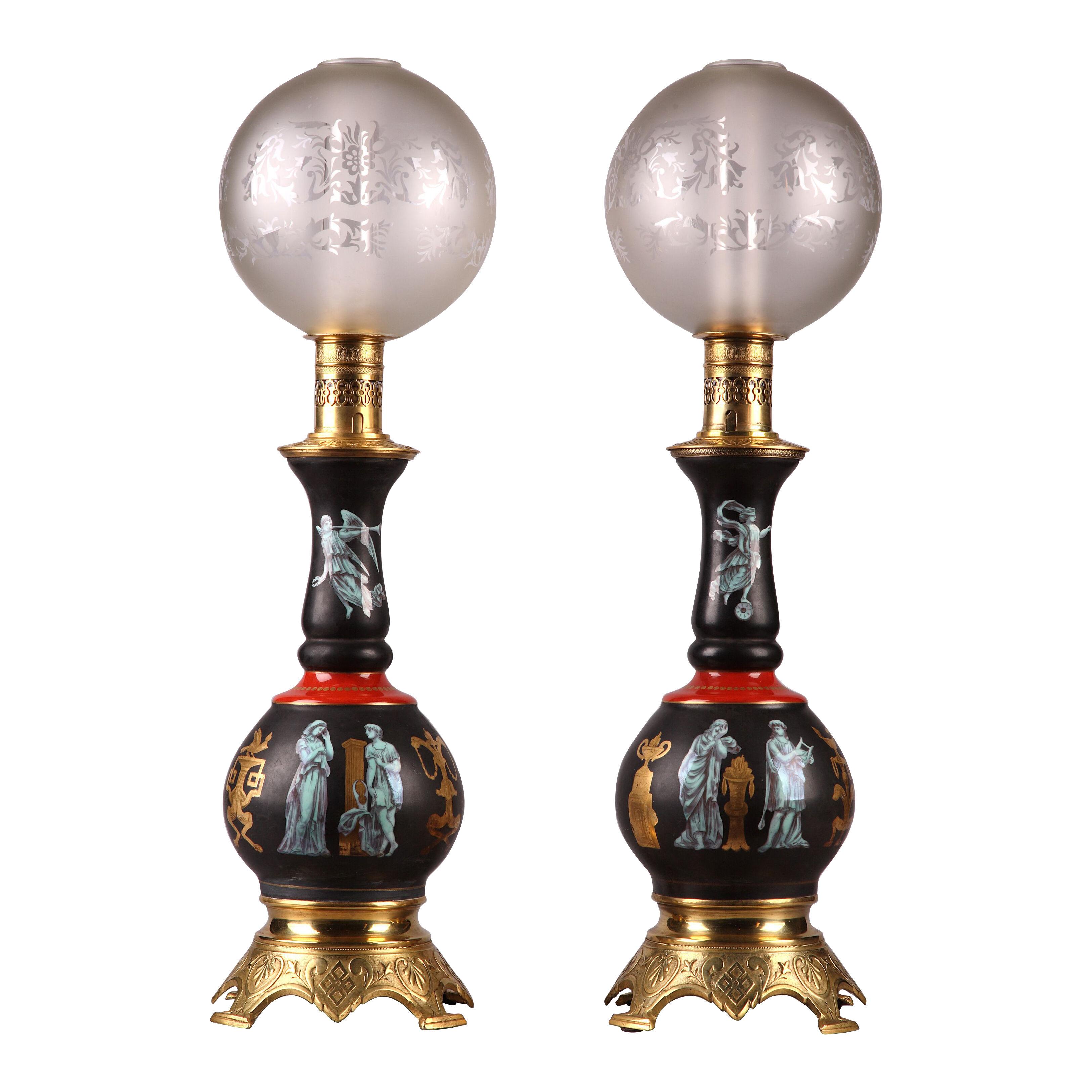 Pair of Pompeian Style Gilded Bronze and Porcelain Lamps, France, Circa 1880