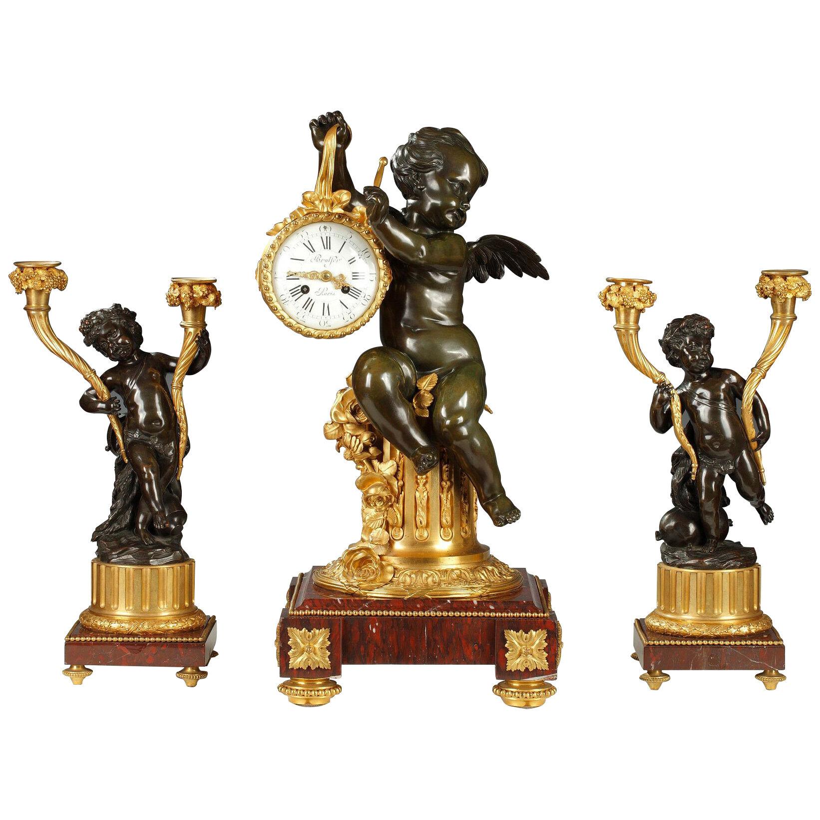 "The Drummer Child" Clock Set Signed Brulfer Paris, France, Circa 1880