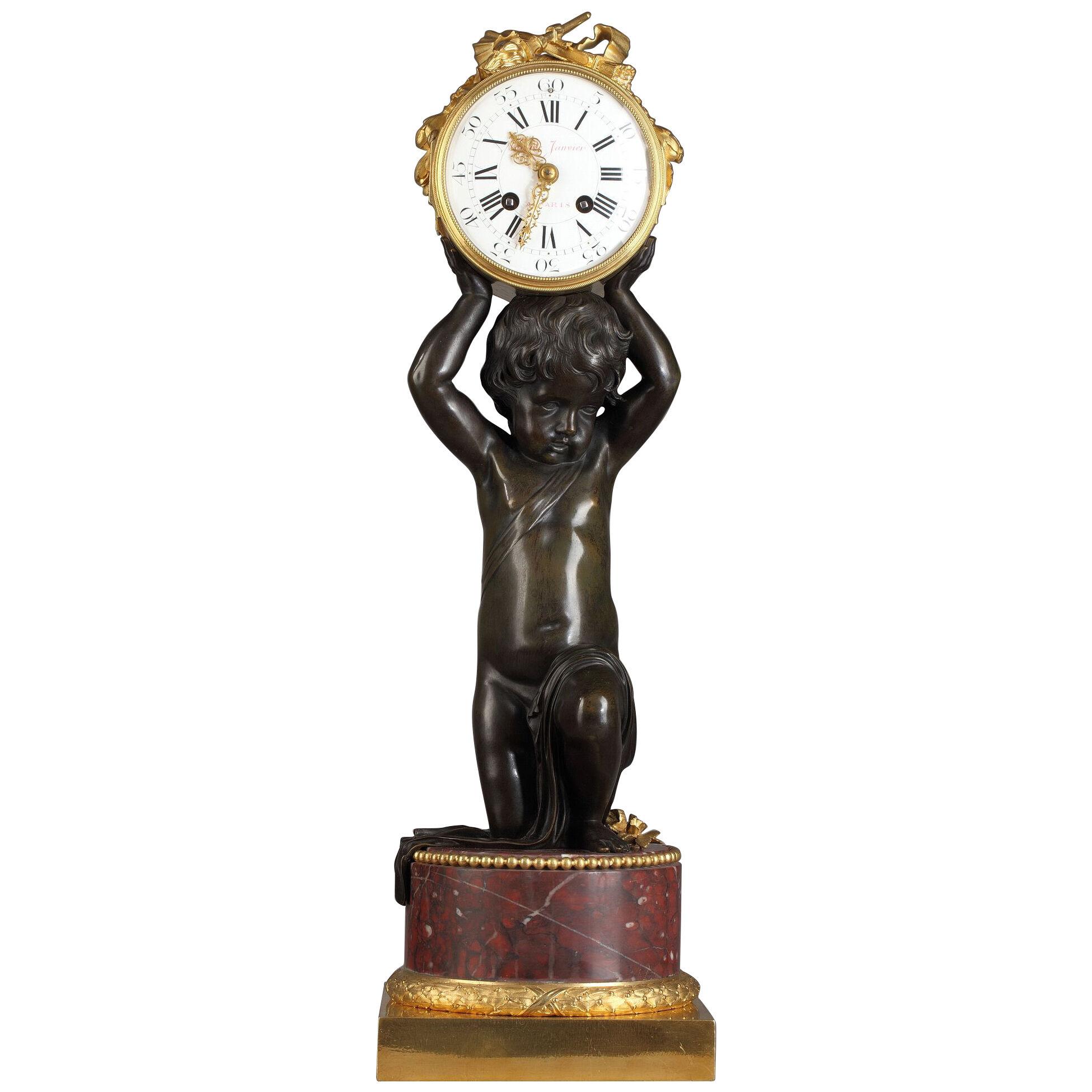 Patinated and Gilded Bronze Clock by E. Hazart, France, Circa 1880