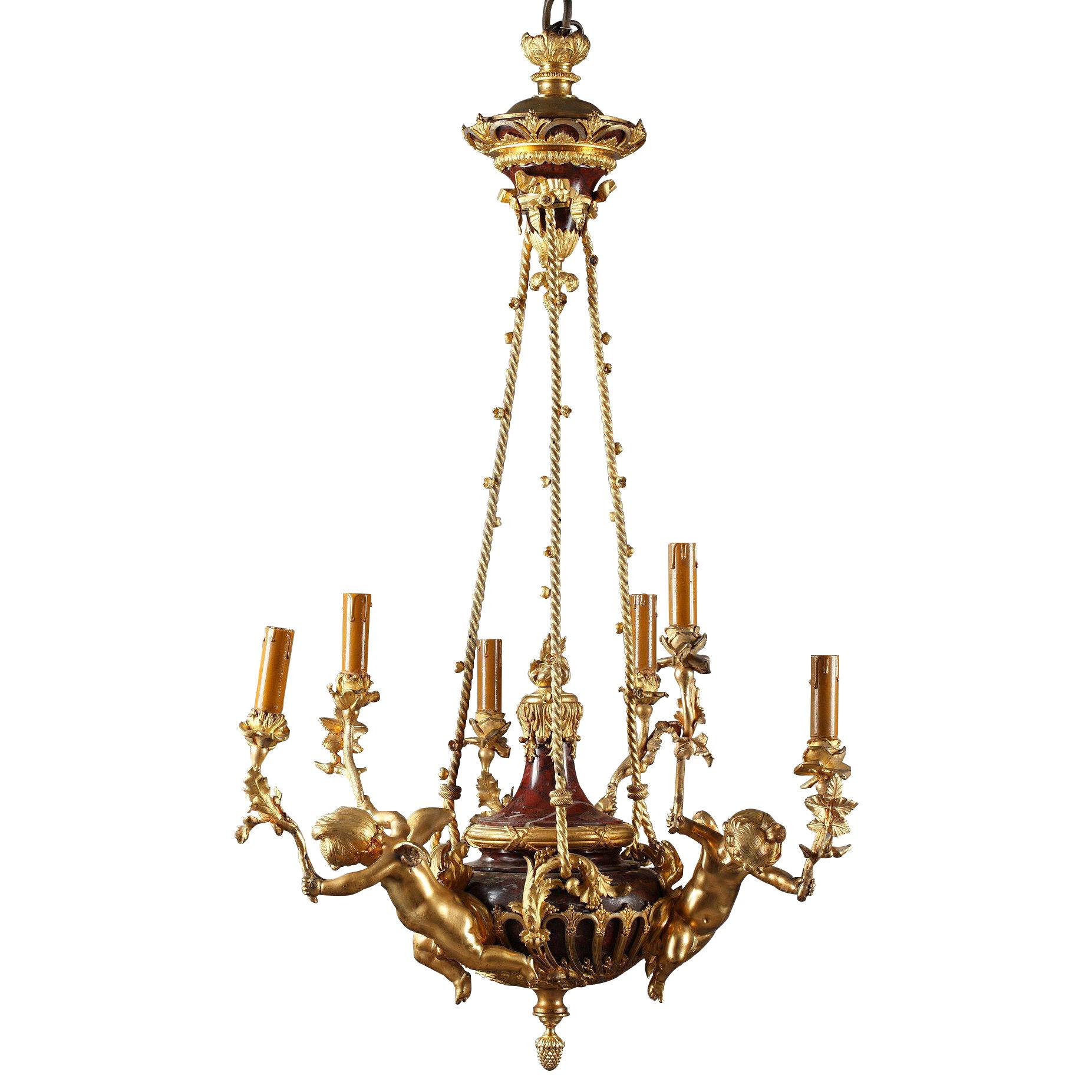 Charming Louis XVI Style Gilded Bronze and Griotte Marble Chandelier