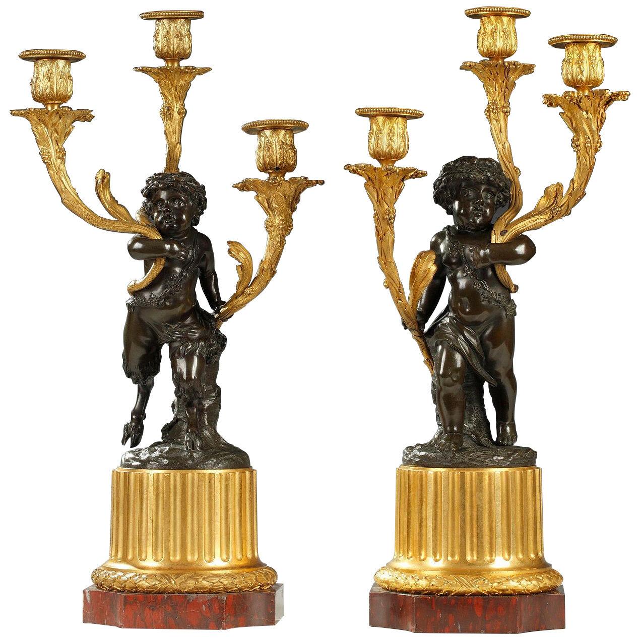 "Faun and Bacchus" Bronze Candelabras After Clodion, France, Circa 1880