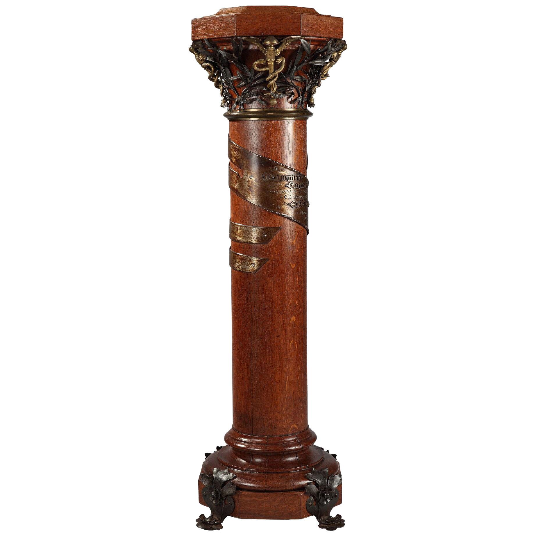 Rare Wood, Patinated Iron and Gilded Bronze Dedicated Column, 1896