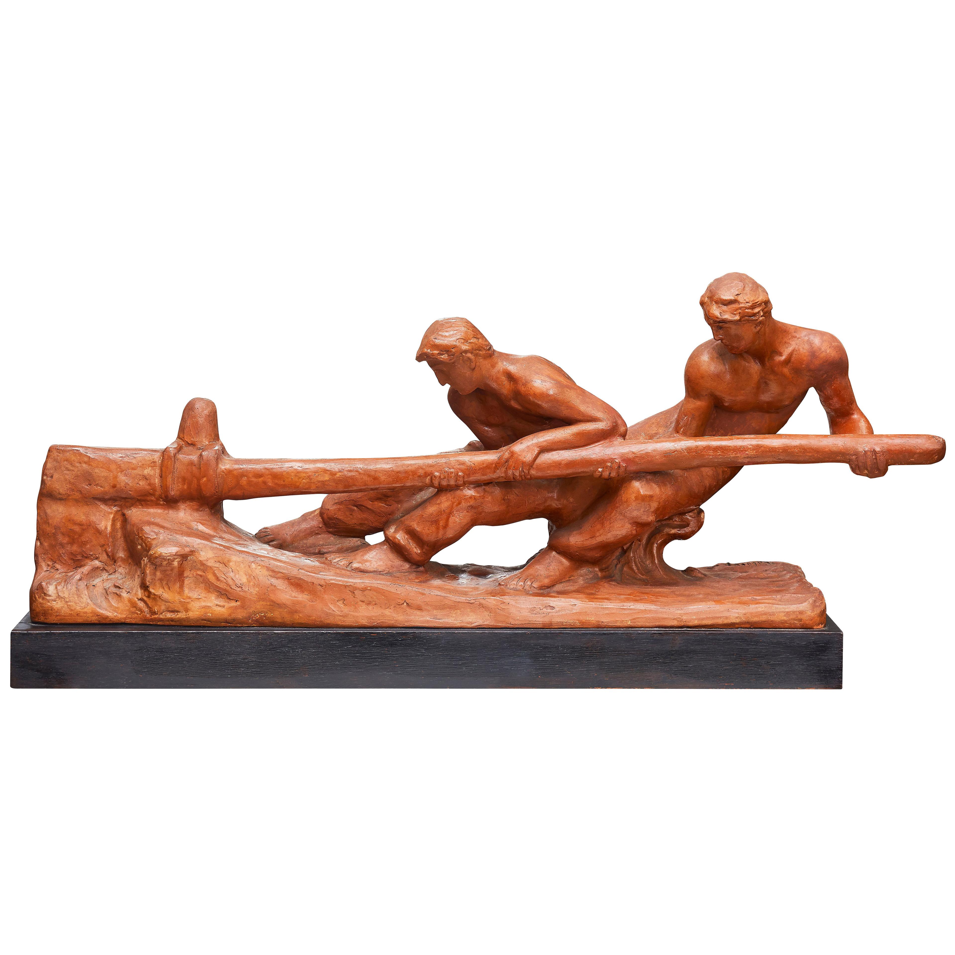 Art Deco patinated terracotta figural group of men toiling.