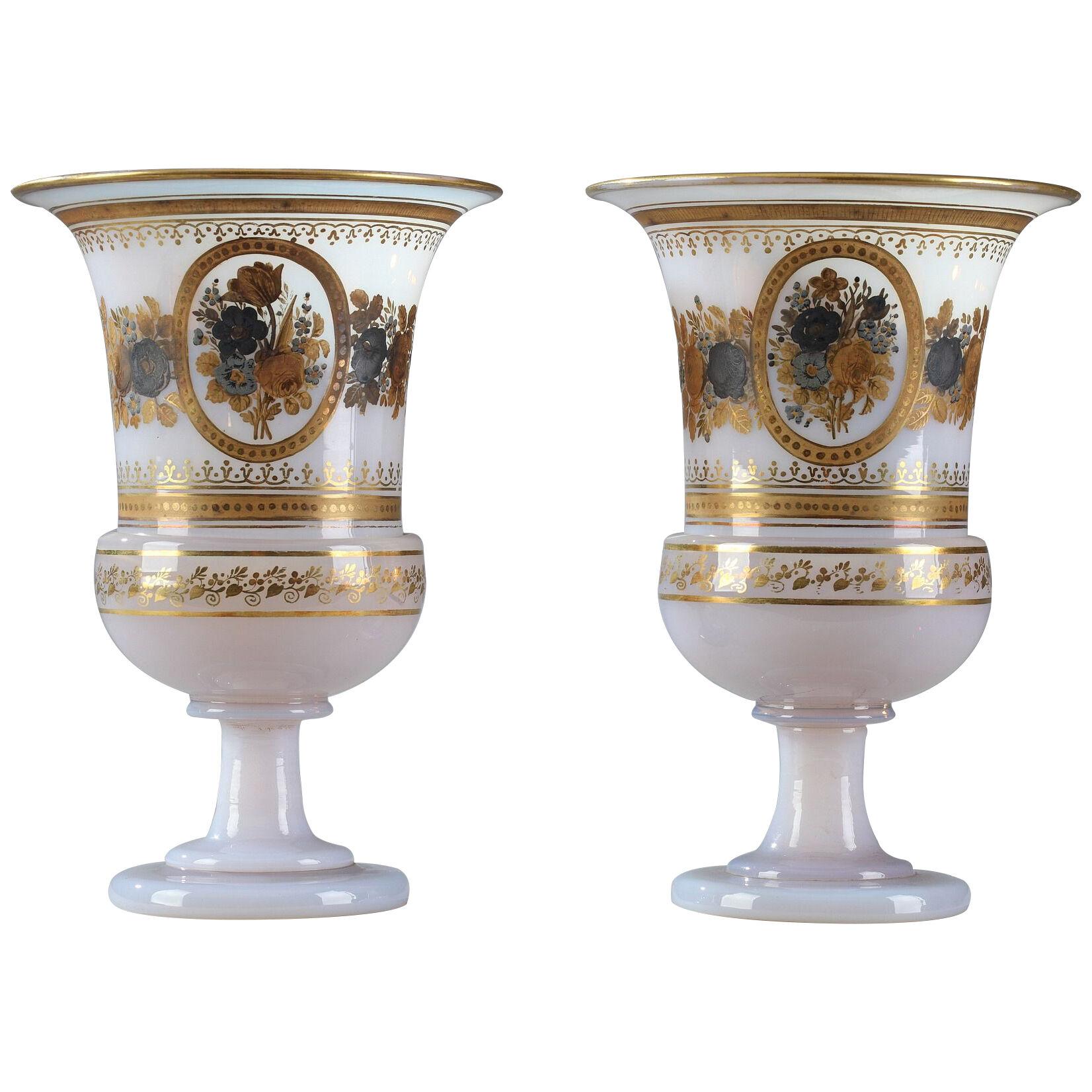Pair of Medici Vases in White Opaline by Jean-Baptiste Desvignes