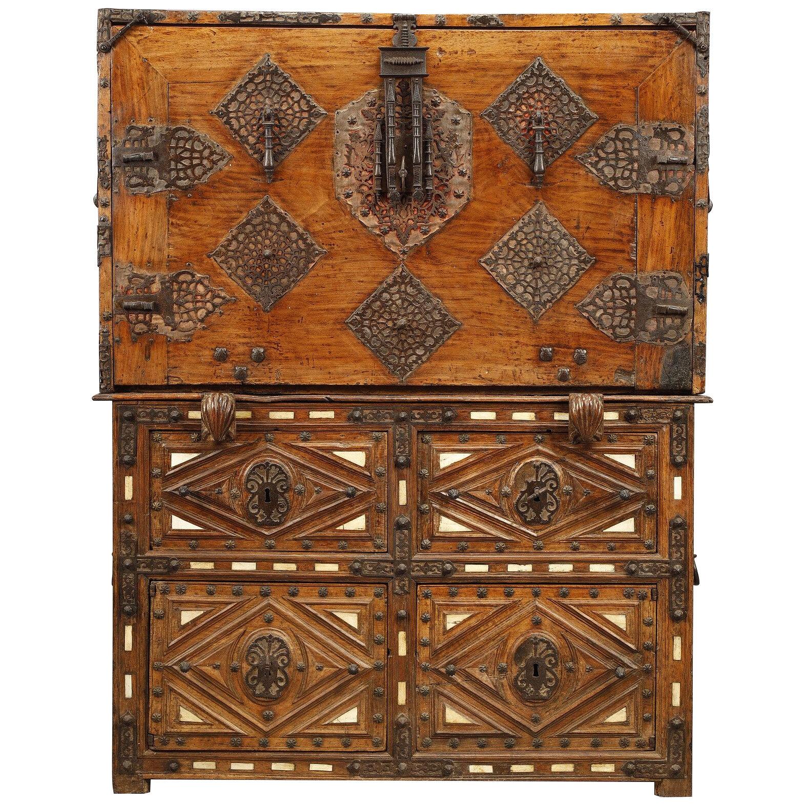 17th century spanish Bargueno and Taquillon in walnut and bone marquetery