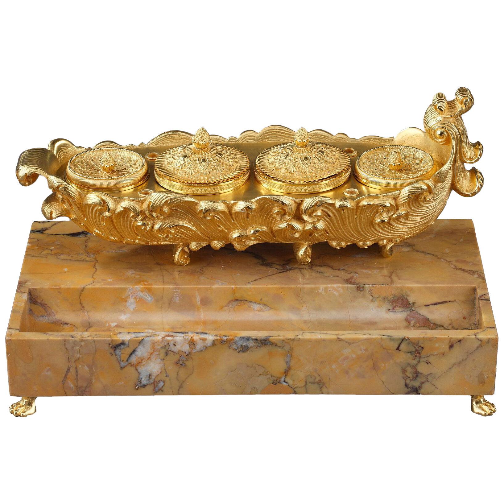 Gilt bronze and marble inkwell, Charles X period