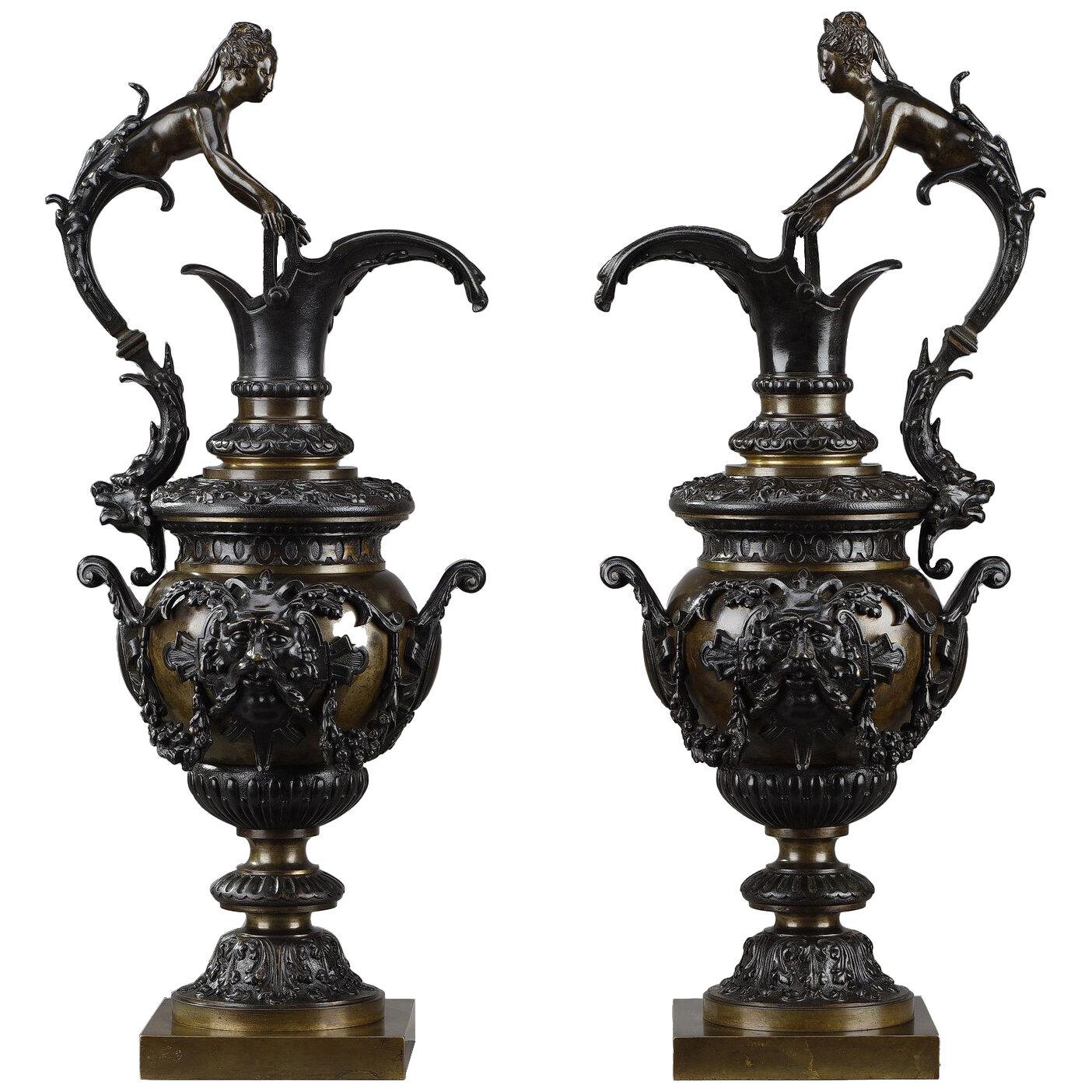 Pair of decorative bronze ewers in the Renaissance style