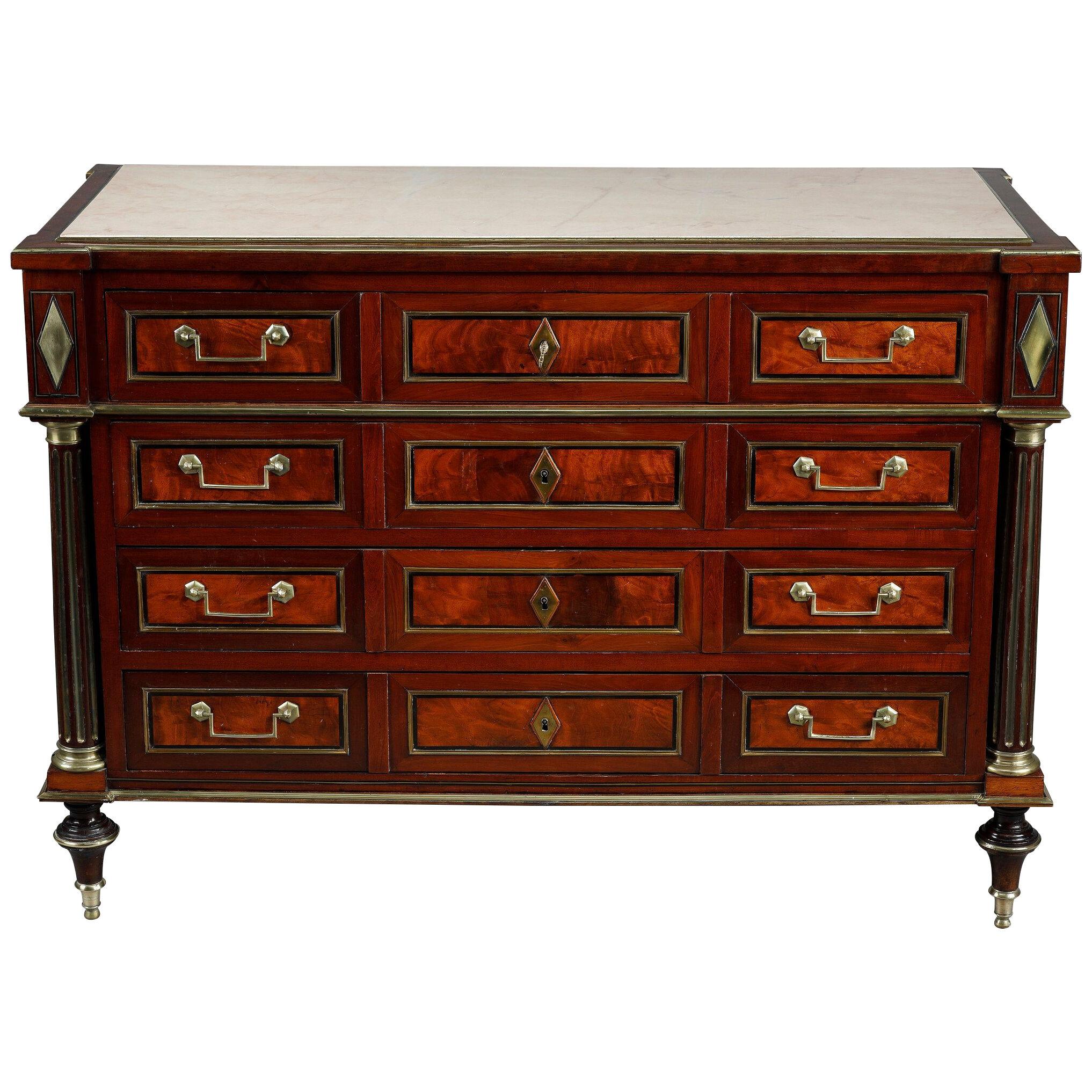 Louis XVI commode in mahogany veneer and brass marquetry