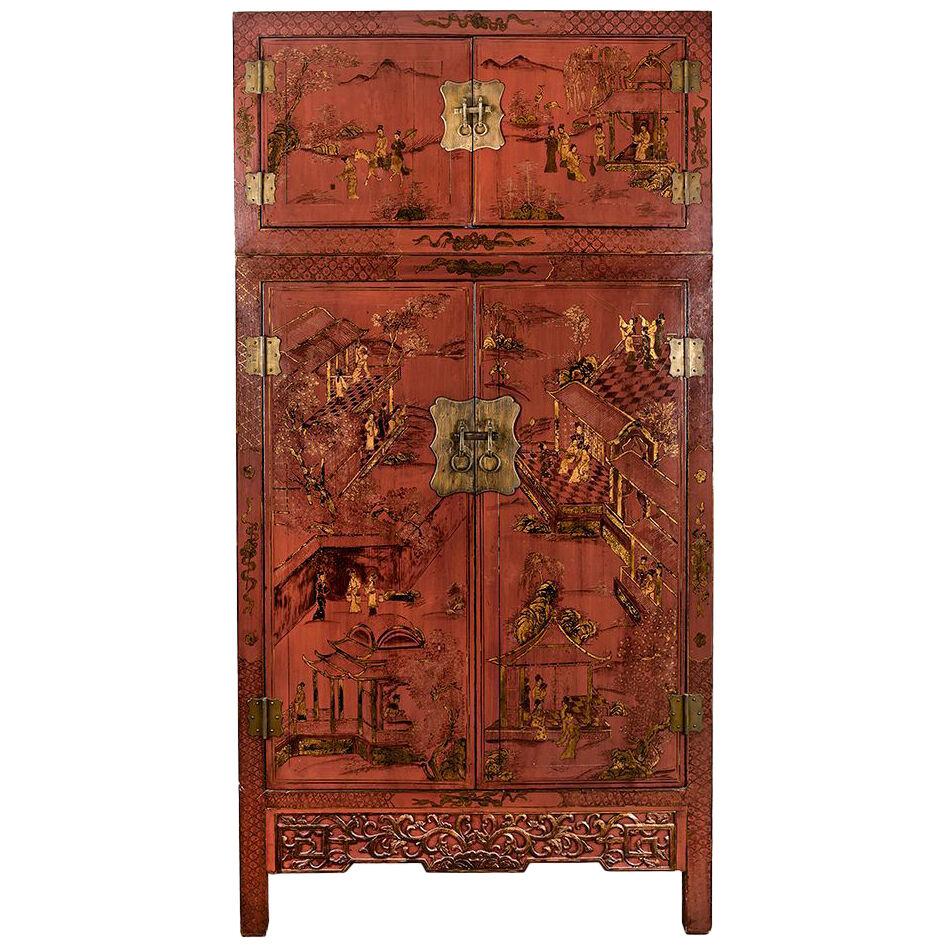 Pair of 19th Century Chinese Red Gilt Lacquered Cabinets/Bookcases