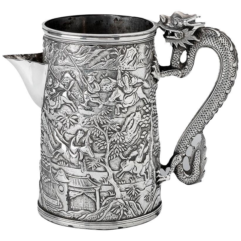 Antique Chinese Export 19th Century Solid Silver Tankard / Jug