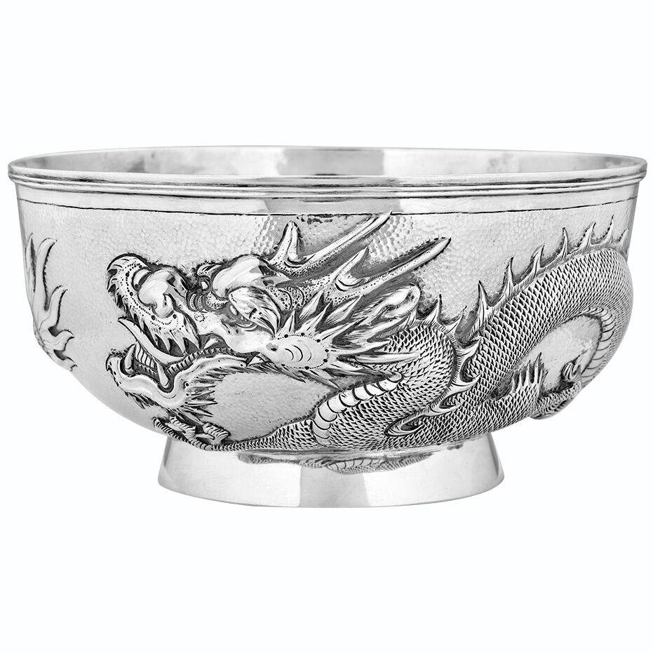 Antique Chinese Export 19th Century Solid Silver Dragon Bowl