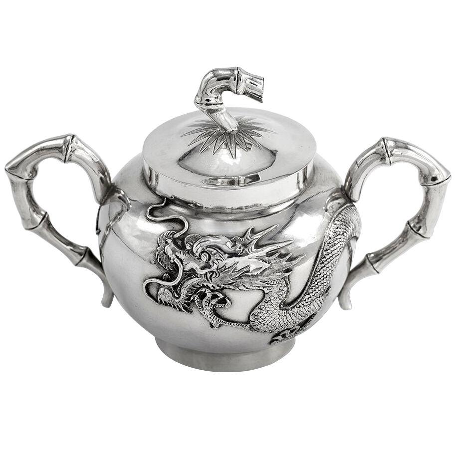 Antique 20th Century Chinese Export Solid Silver Sugar Bowl