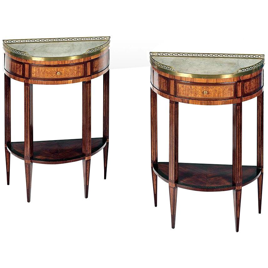 Pair of French 19th Century Parquetry Demilune Side Tables