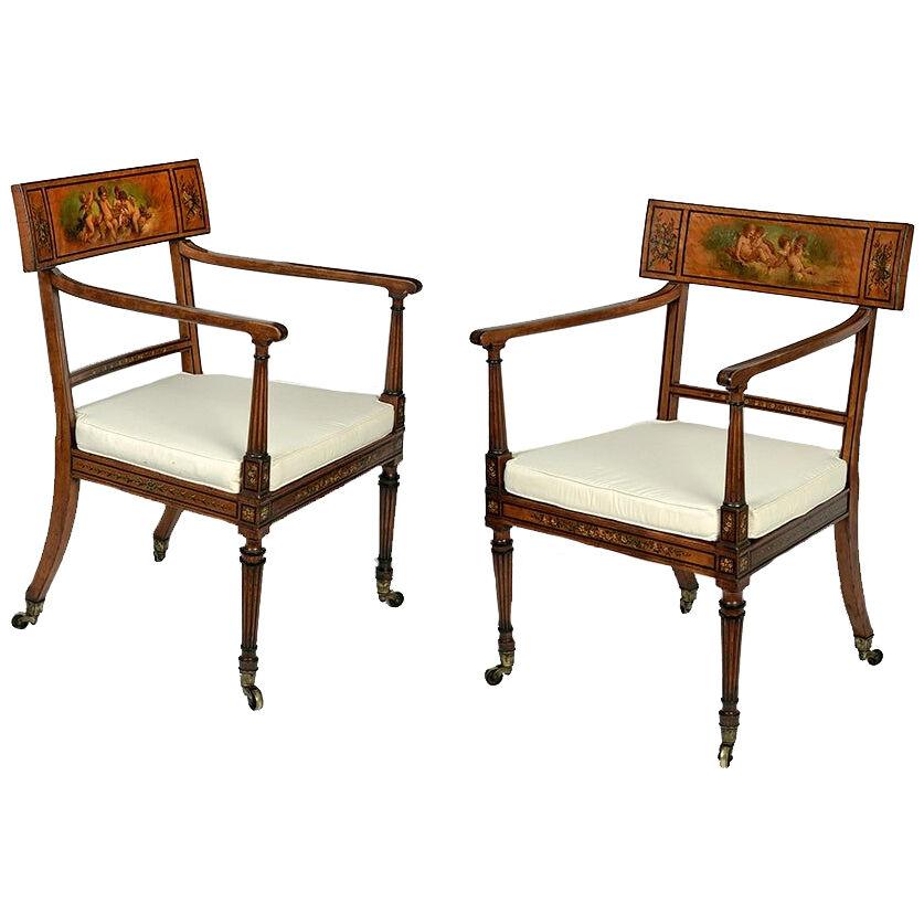 Pair Of Sheraton Period Satinwood And Painted Elbow Chairs