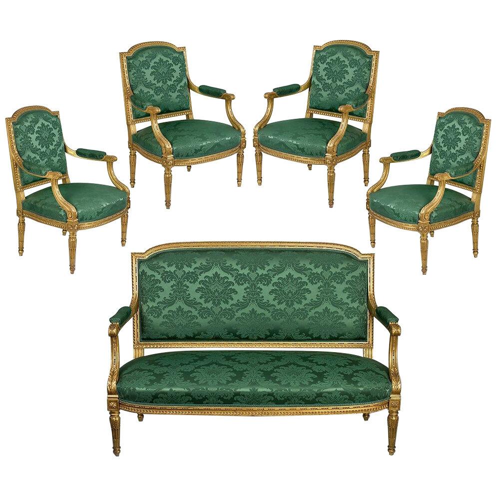 19th Century French Carved Giltwood Salon Suite with Settee and Chairs