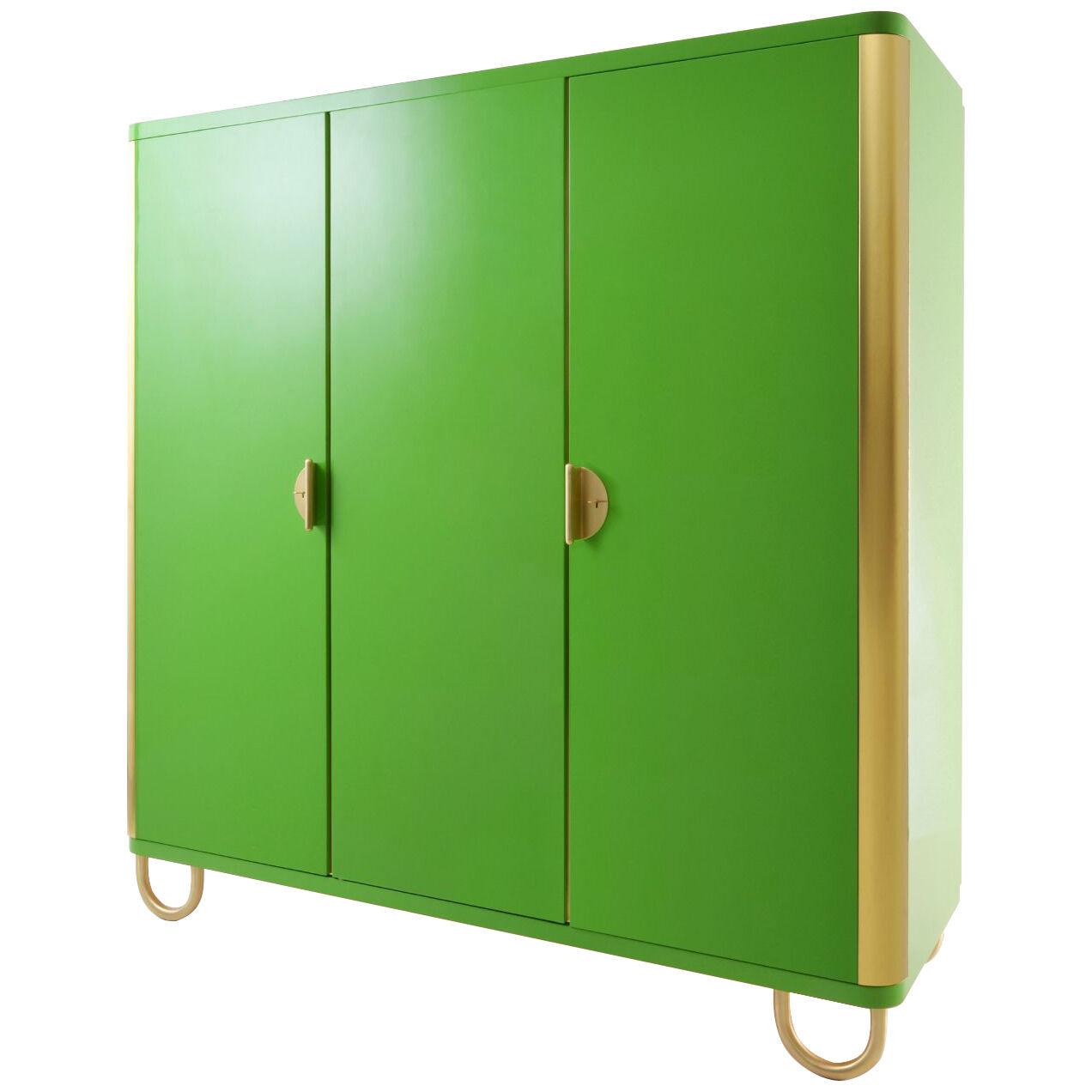 Custom made modernist three-door wardrobe, brass, high-gloss lacquered wood