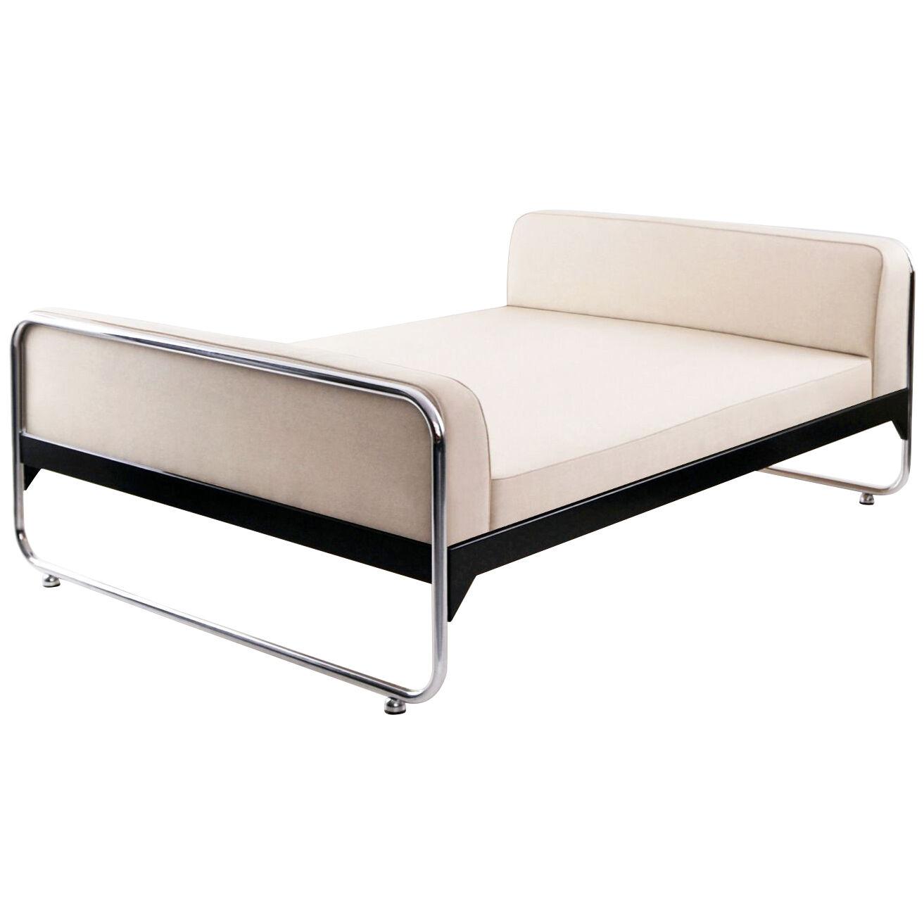 Modernist customizable tubular steel bed with fabric upholstery