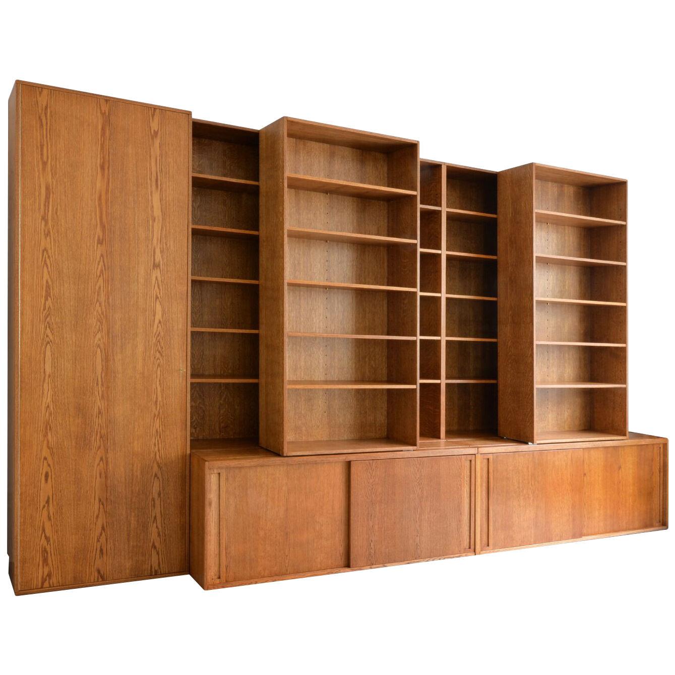 Modern contemporary wooden bookshelf with sliding shelves, customizable