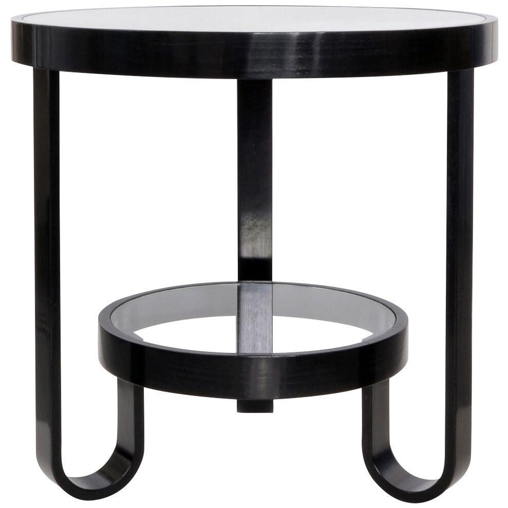 Modernist round sofa / side table, laminated and ebonized wood, glass tops