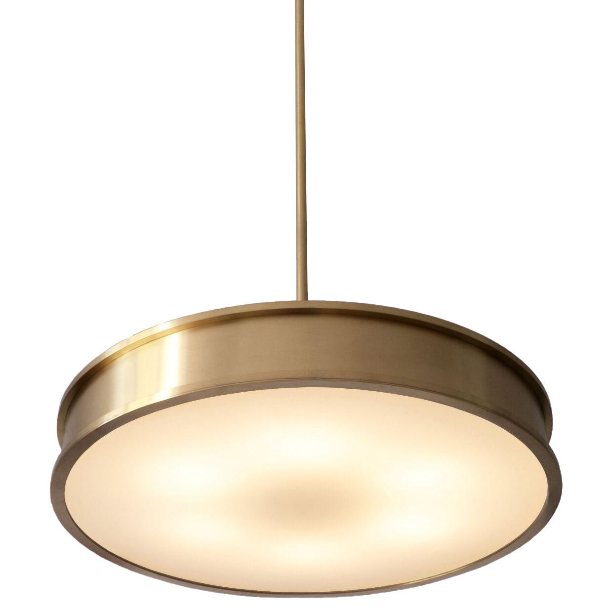 Customized modernist circular pendant light in brushed brass and opal glass