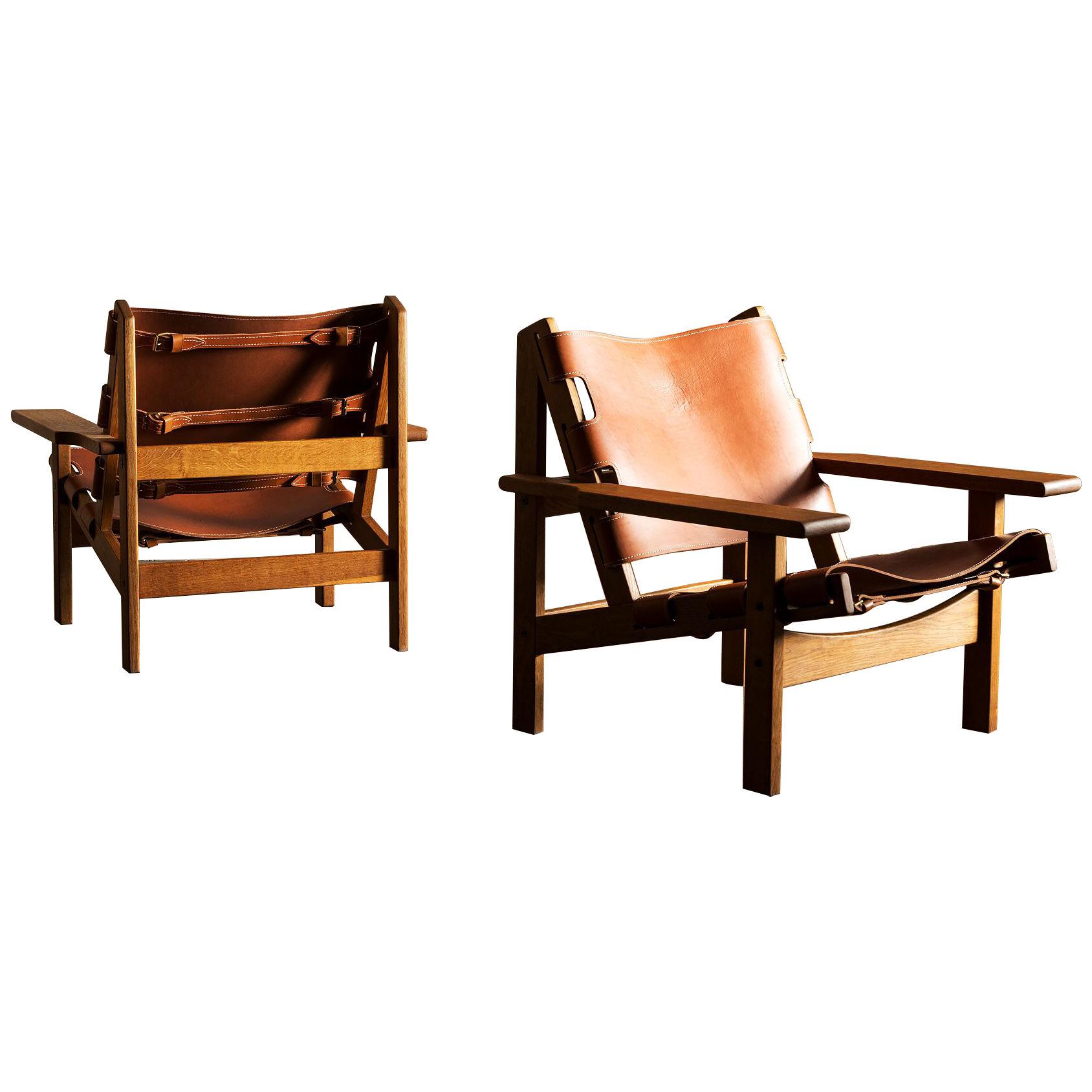 Pair of Kurt Østervig Hunting Chairs in Oak and Leather, Denmark, 1960s