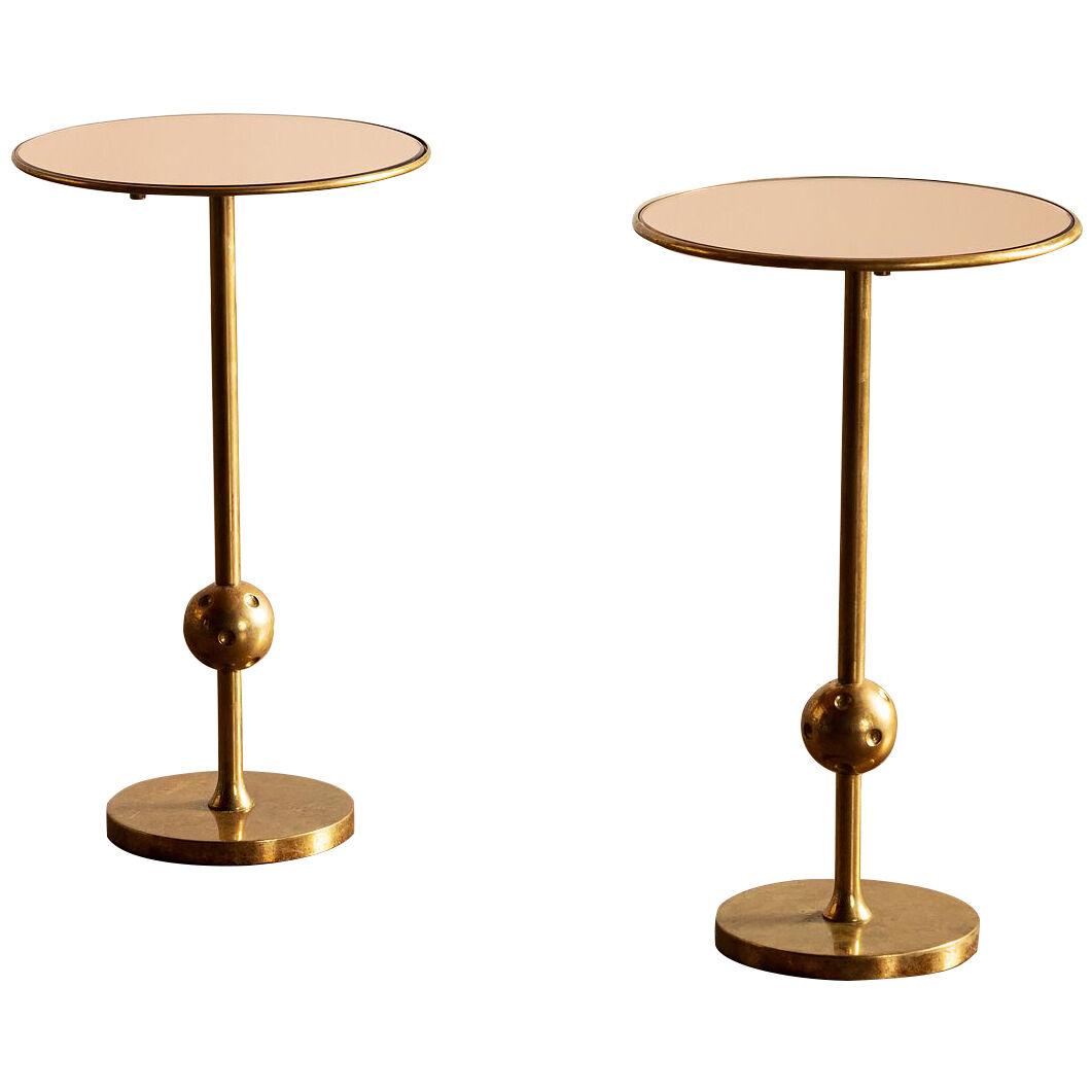 Rare Pair of Side Tables by Osvaldo Borsani in Brass and Rose-Tinted Glass 1940s