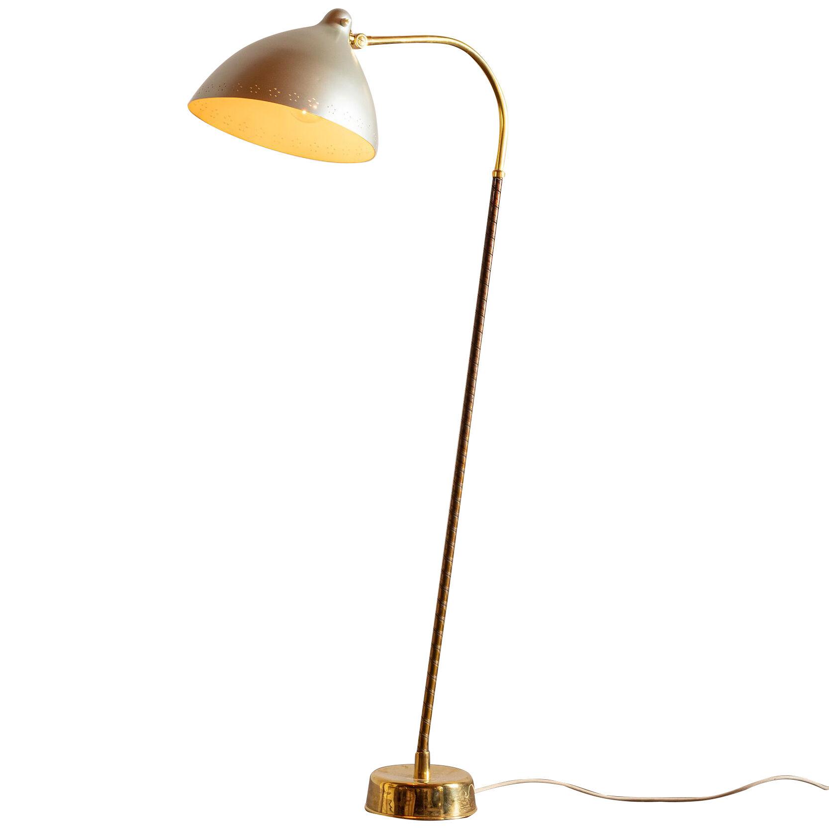 Lisa Johansson-Pape Floor Lamp in Brass, Steel and Leather, Finland, 1950s