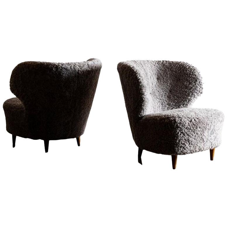 Rare Pair of Lounge Chairs by Carl-Johan Boman in Grey Sheepskin, Finland, 1940