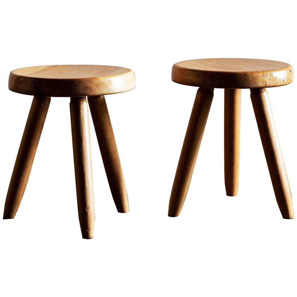 Pair of Charlotte Perriand Berger Stools in Oak, France, 1950s