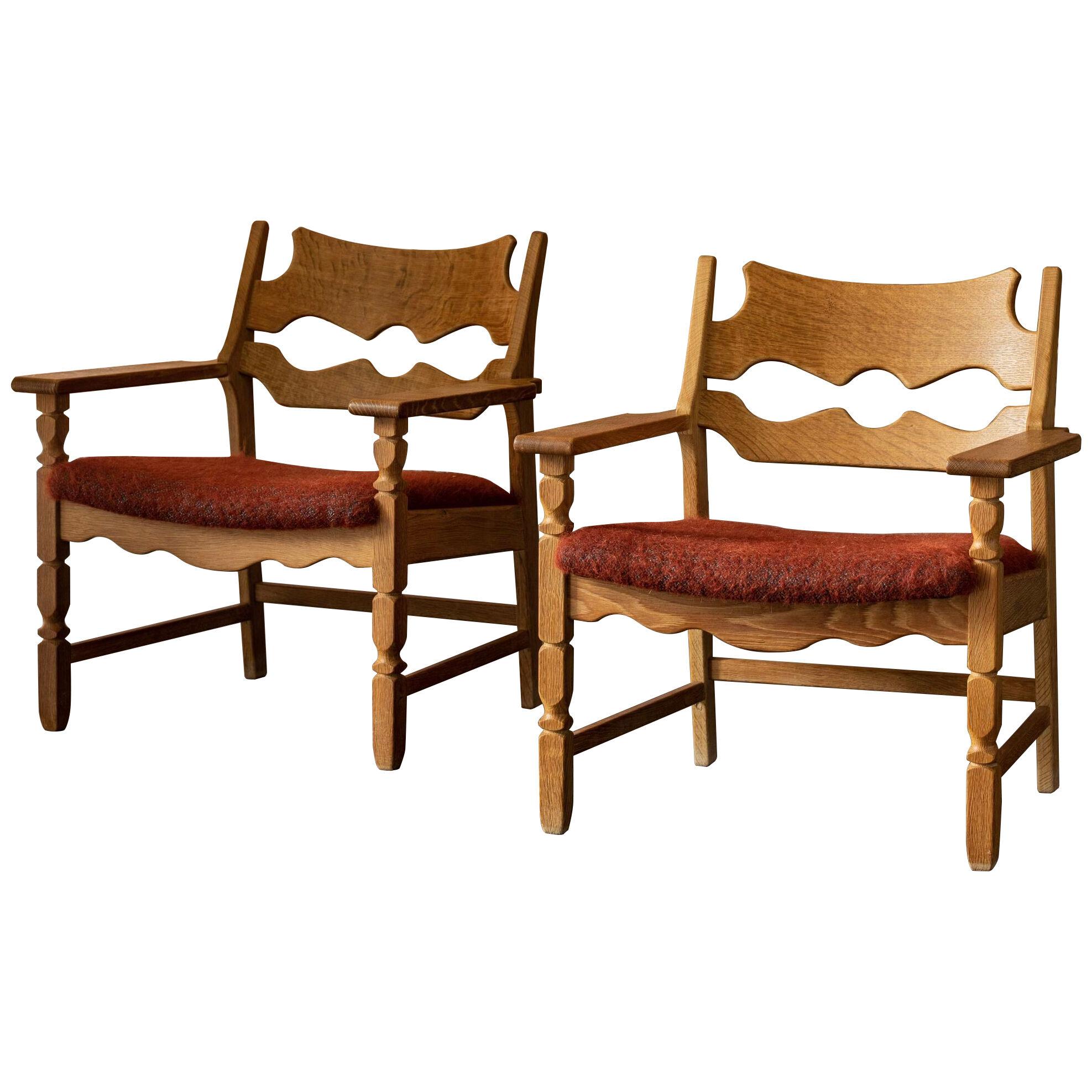 Pair of Oak Razorblade Chairs by Henning Kjaernulf, Denmark 1960s