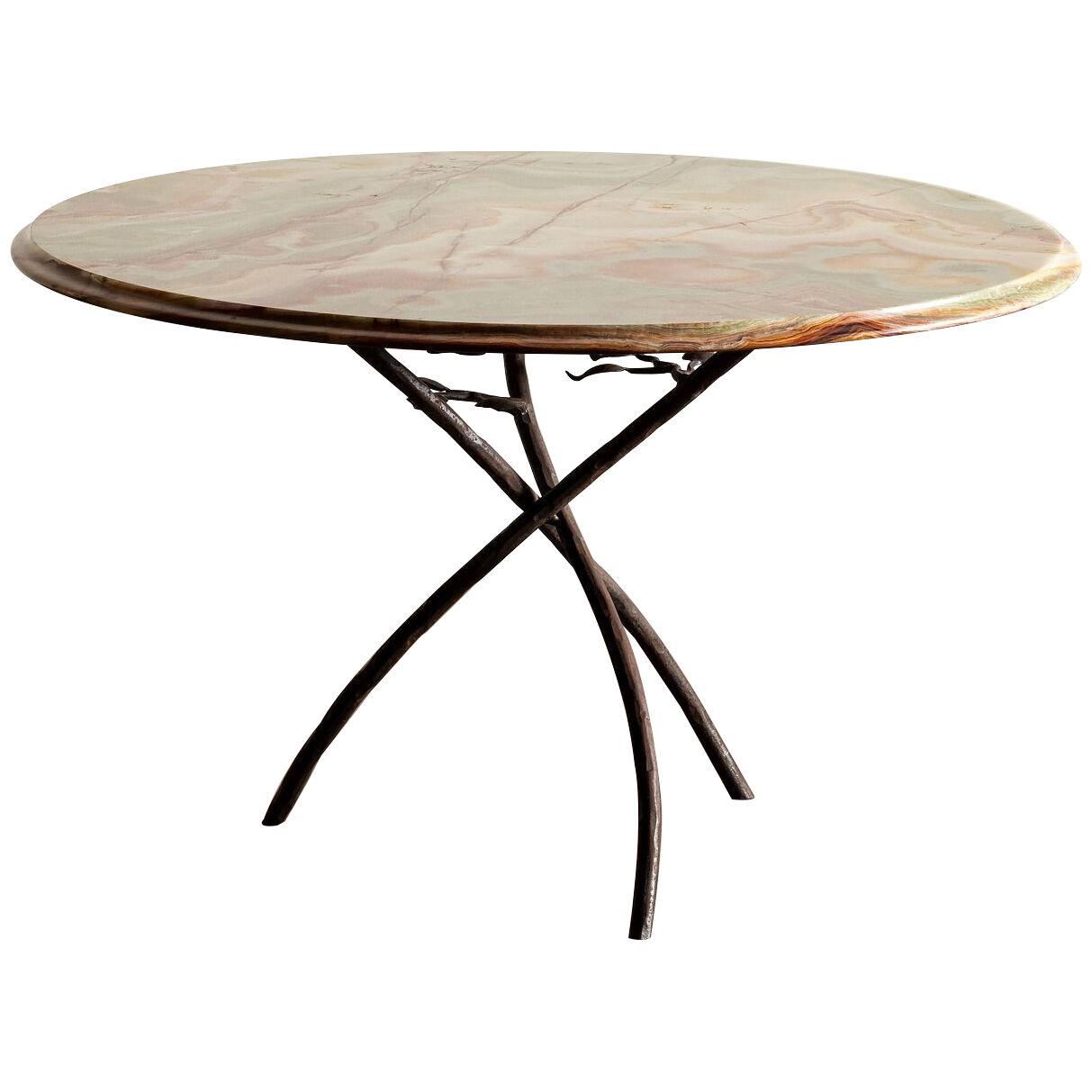Studio Table with Forged Floral Form Steel Base and Onyx Top, Italy1960s