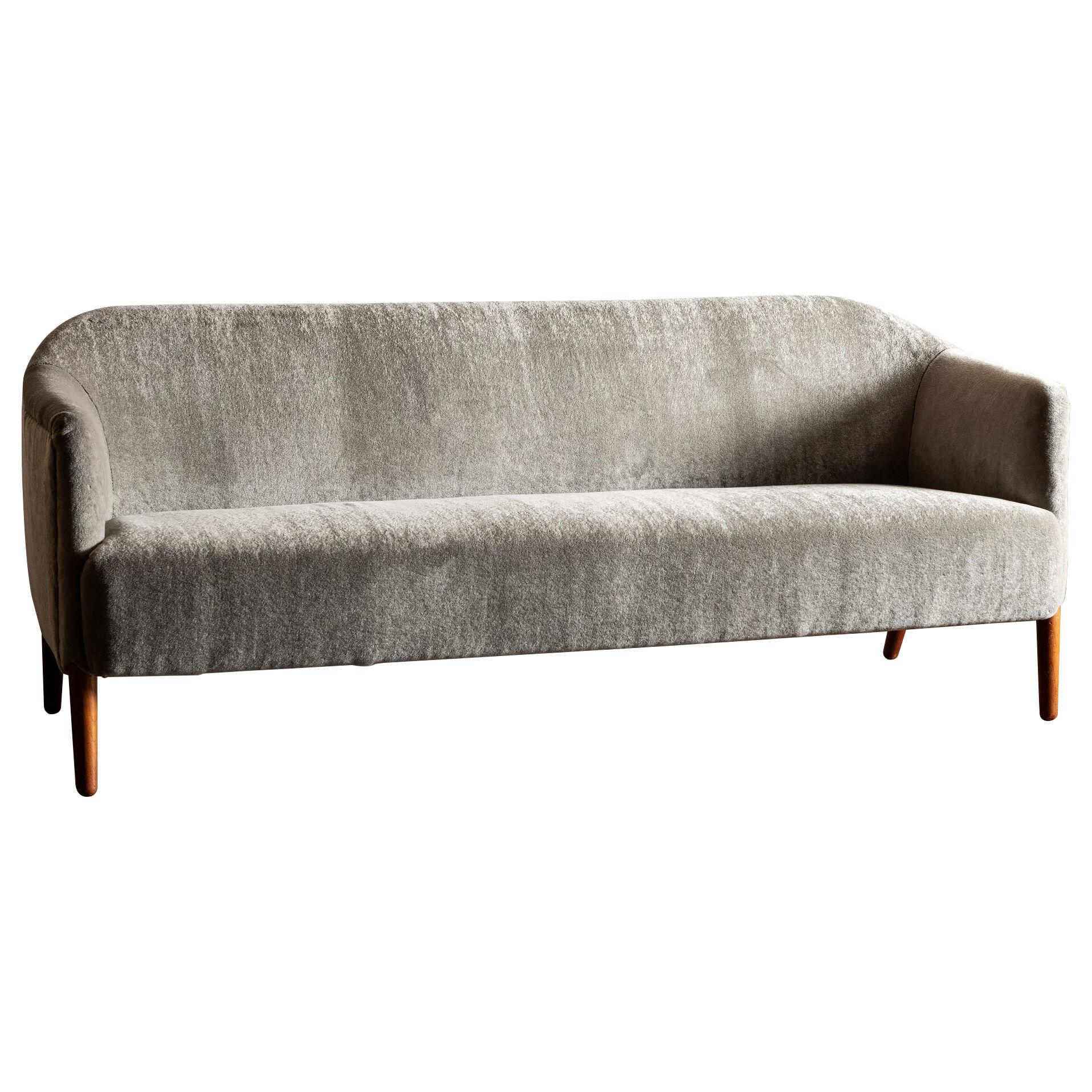 Danish Cabinetmaker's Three Seat Sofa in Grey Mohair Velvet, 1940s