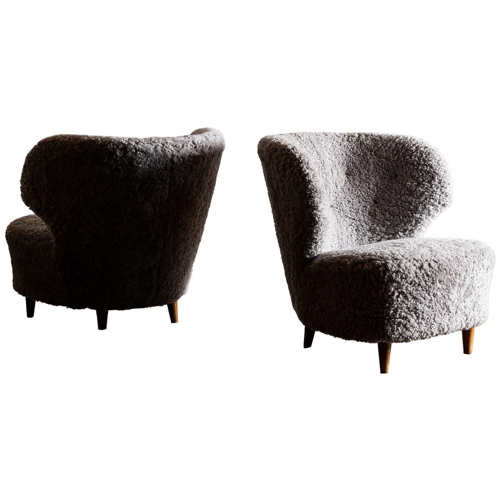 Rare Pair of Lounge Chairs by Carl-Johan Bowman in Grey Sheepskin, Finland, 1940