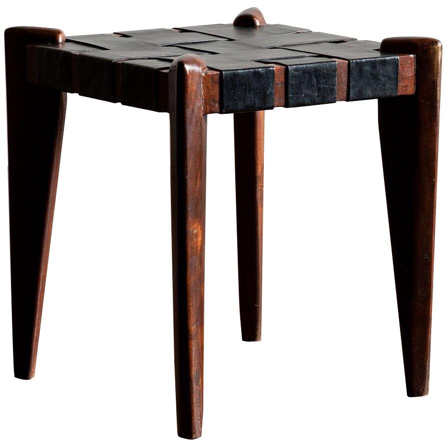 Rare Stool by Edmond Spence in Walnut and Woven Black Leather, US, 1960s