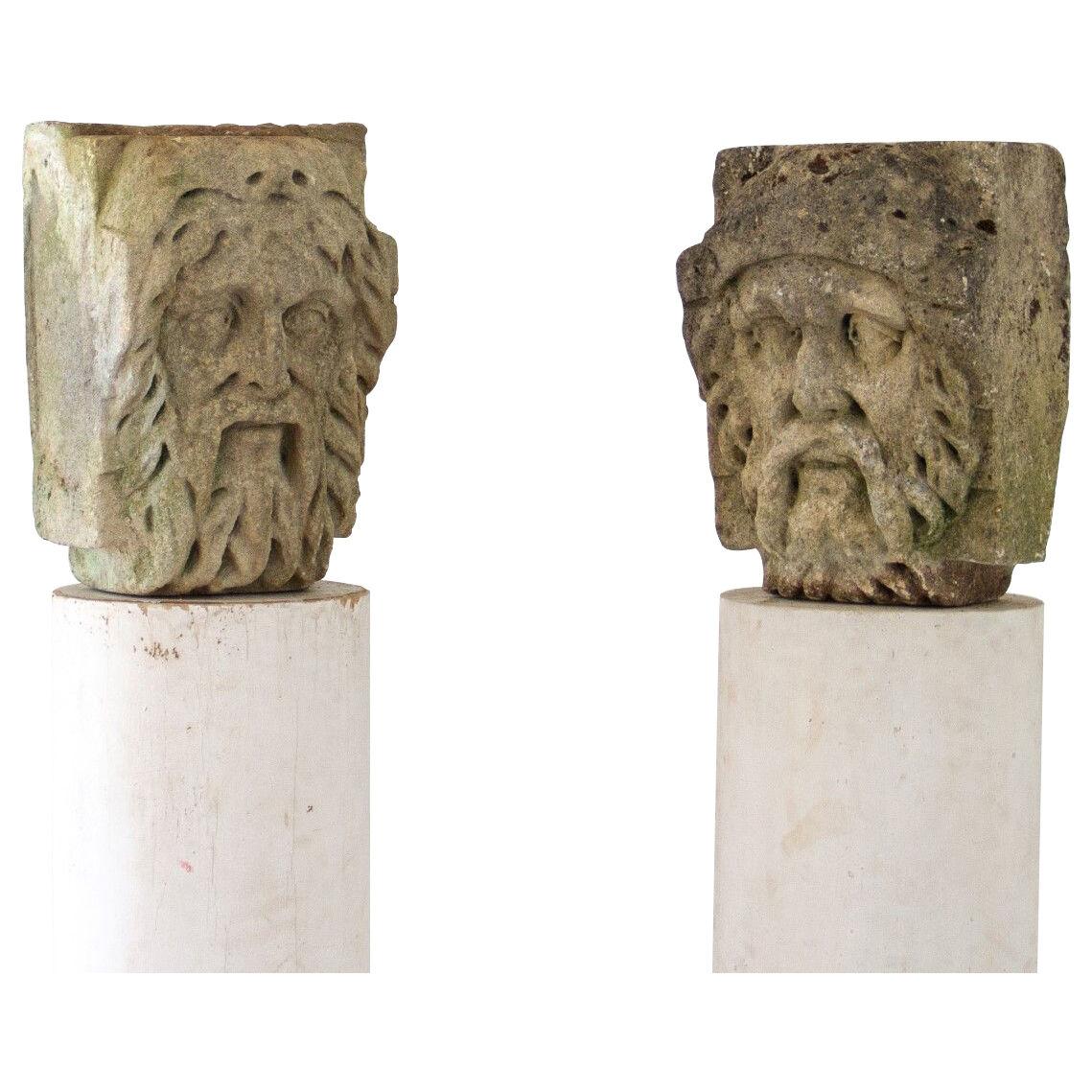 Pair of 18th Century Cotswold Stone Heads depicting Bearded River Gods