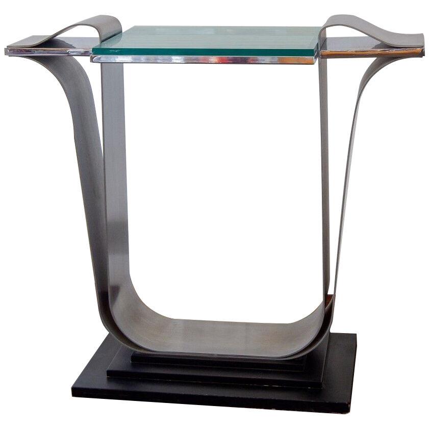 A Jay Spectre Steel Console Table with Glass Top 1980s